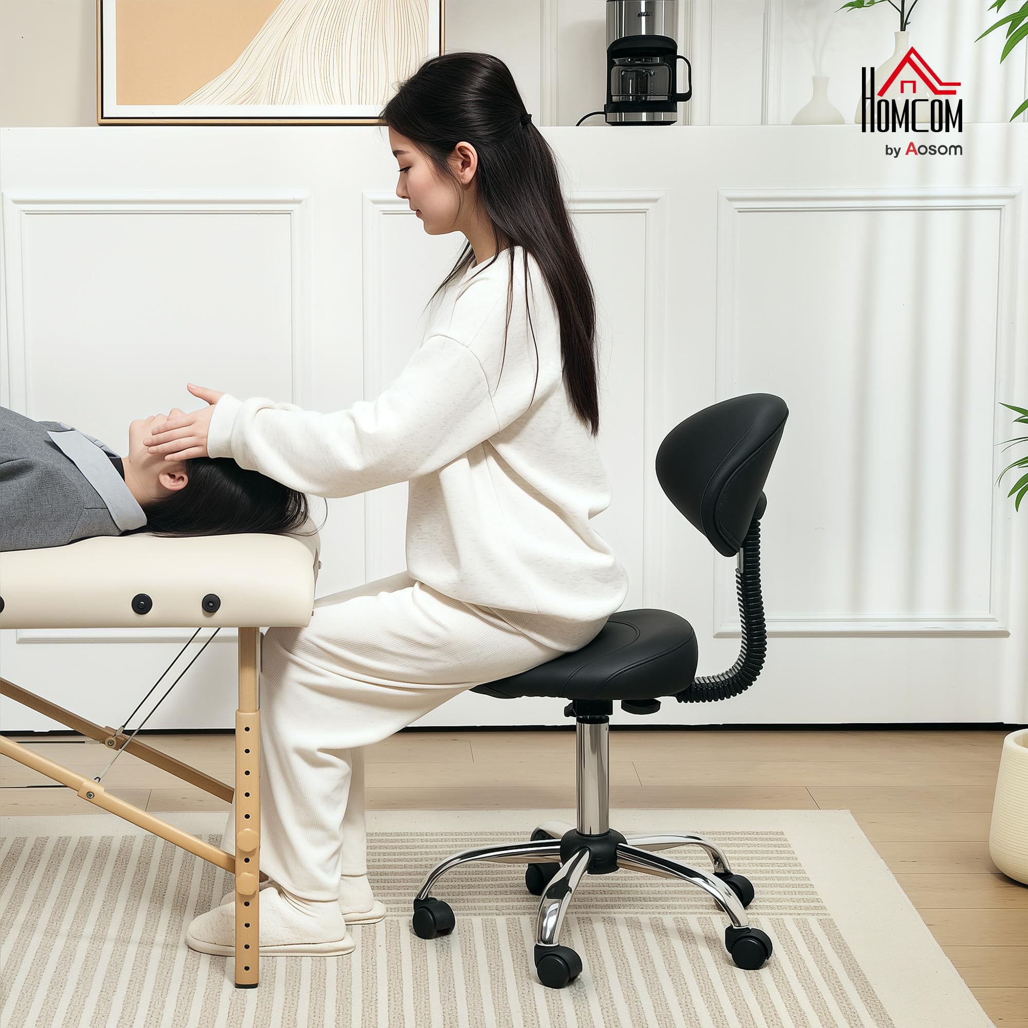 HOMCOM Taburete Giratorio con Ruedas y Respaldo Extraíble, Taburete de Trabajo con Altura Regulable 83-98 cm, Asiento Tapizado de Cuero Sintético, Negro