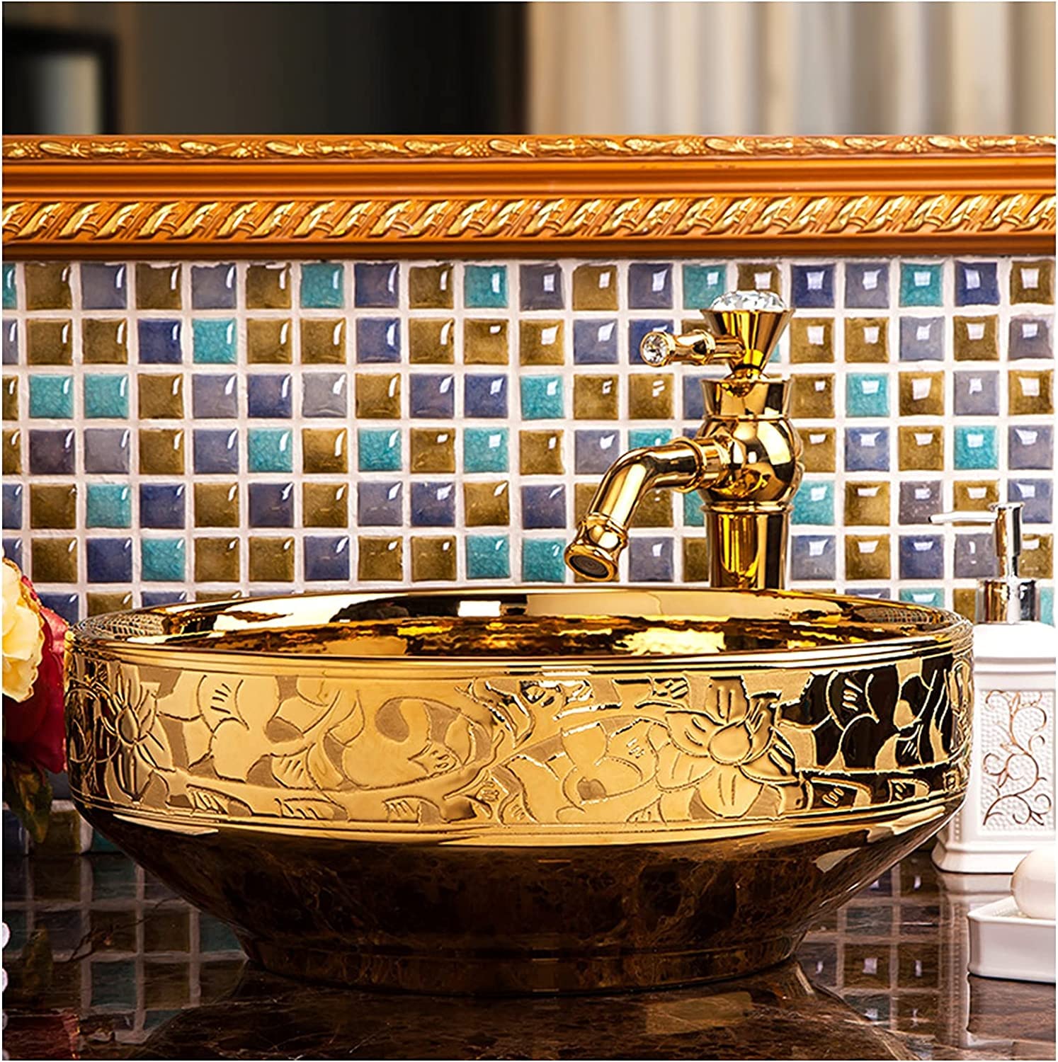 Gljtuo A Vessel Sinks, Bathroom Vessel Sink Luxury Hotel Rt Sink Round Ceramic Sink Bove Counter Porcelain Countertop Rt Bowl Sinks For Lavatory Vanity Cabinet Hotel Decor Gold,-One Size