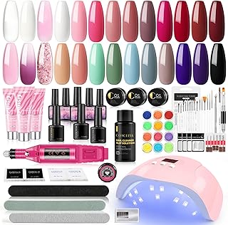 Gel Nail Polish Kit with U V Light and Nail Drill Starter Kit, Nail Gel Polish U V Gel Nail Extension Poly Nail Gel Set Slip Solution 30ML Base Top Coat Nail Glue Glitter Powder Nail Art for Women