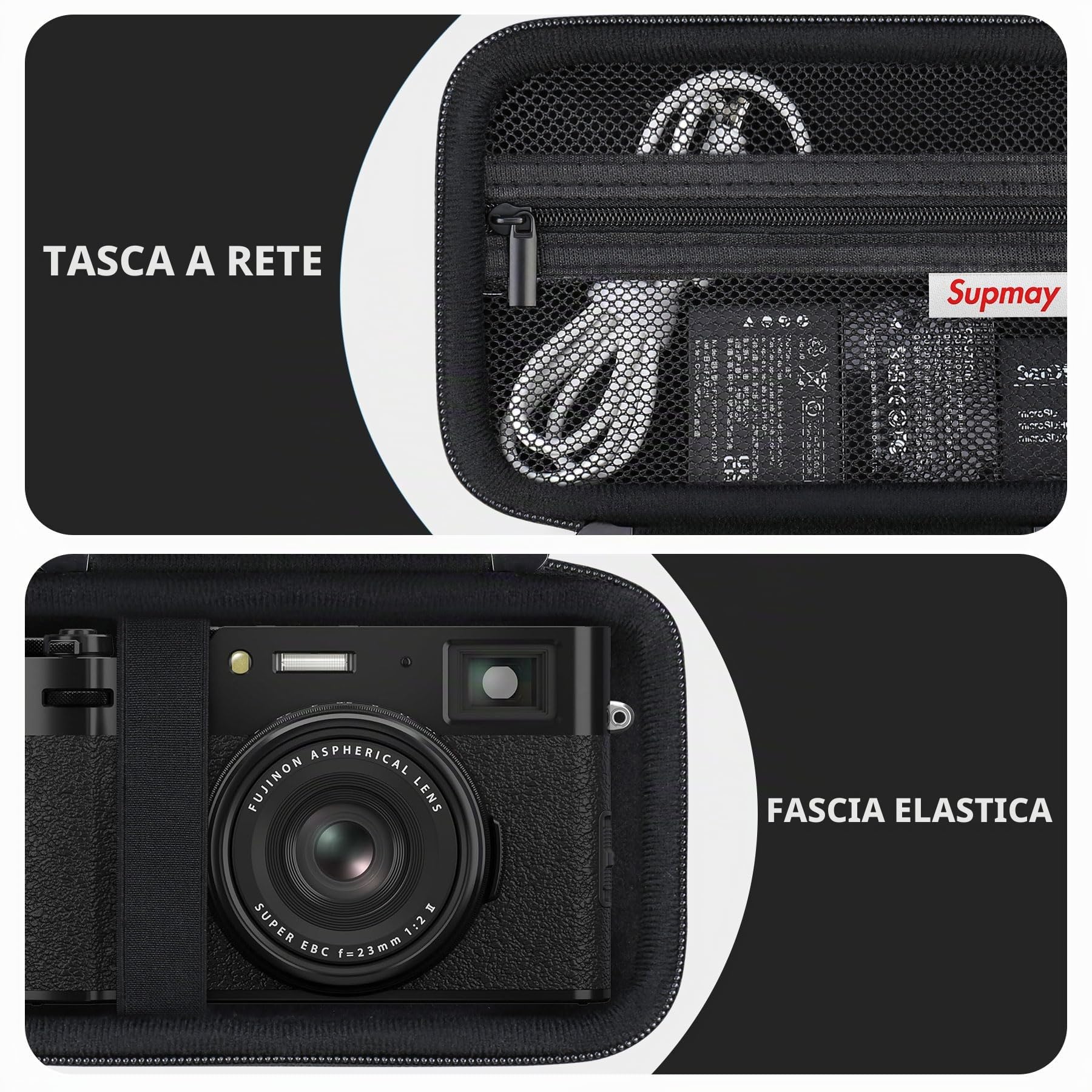Custodia di viaggio dura per fotocamera digitale Fujifilm X100VI / X100V, custodia di archiviazione fotocamera digitale con tasca in rete per batterie, scheda SD, cavo USB, Nero
