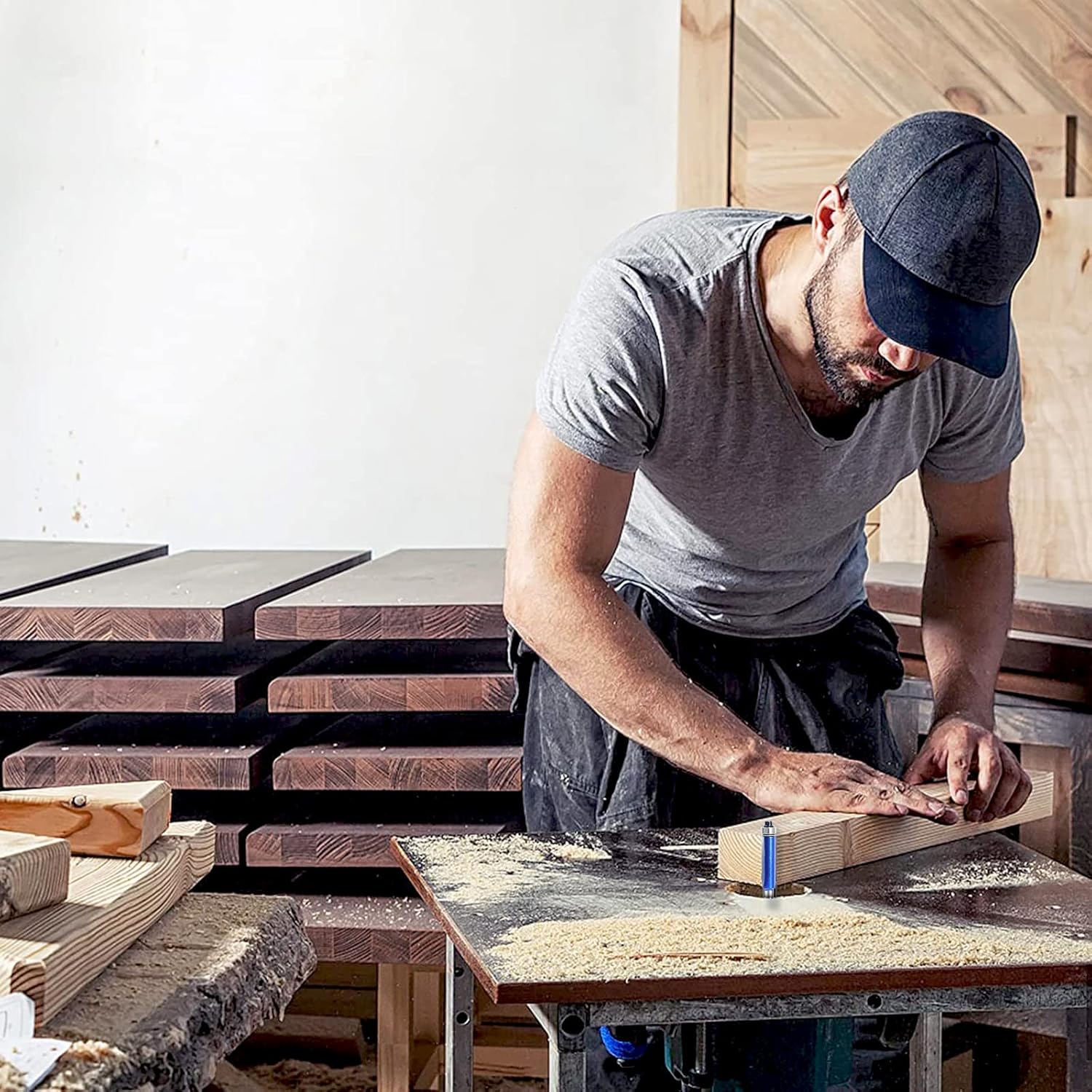 CSOOM 4PCS Professional Flush Trim Router Bits 1/4" Shank, Top Bearing Flush Trim Router Bit，Cutting Heights of 3/4“, 1”, 1-3/16“, 1-3/16”