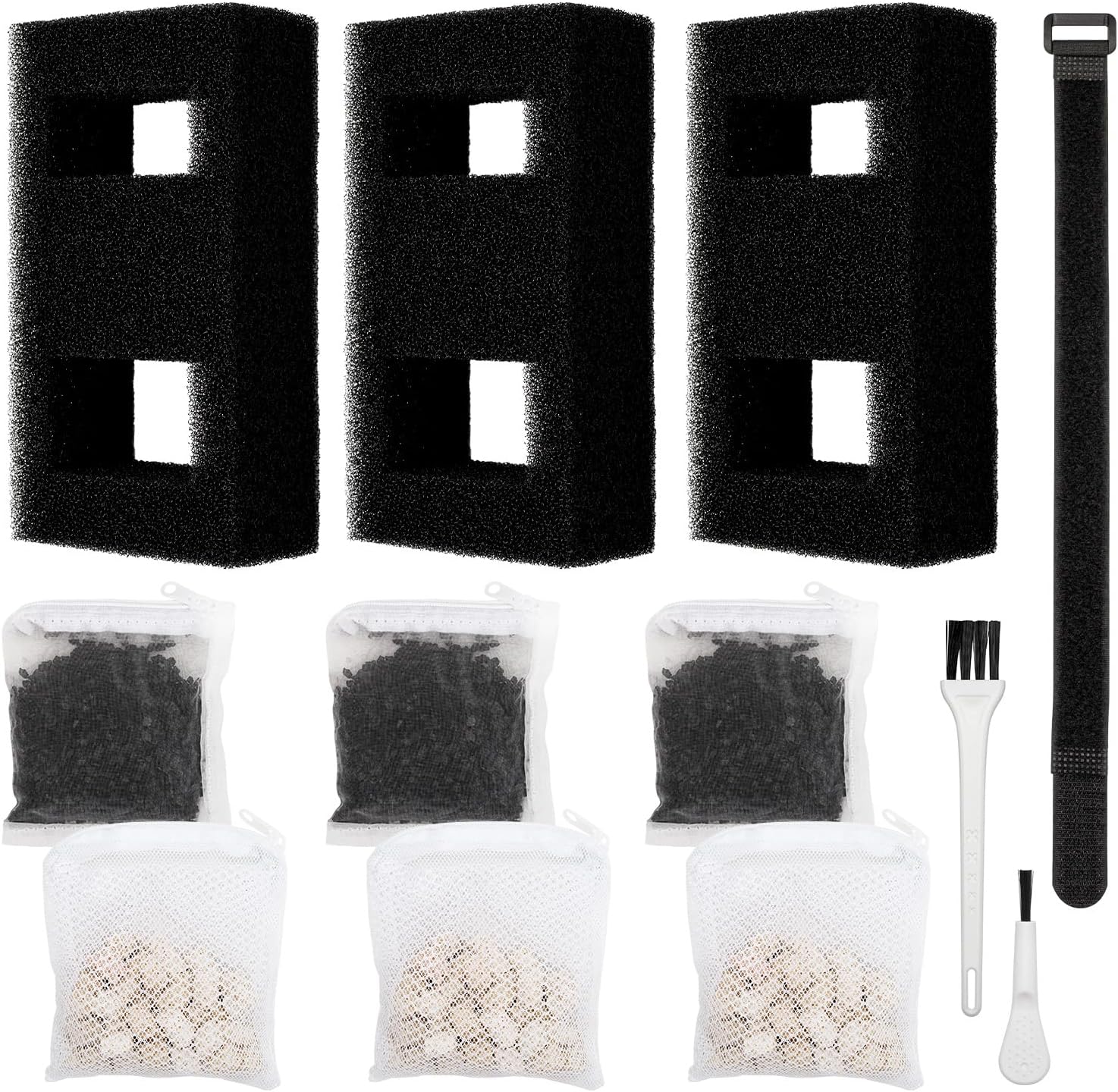 ANTOBLE Aquarium Filter Media, 3 Set Foam Filter Block A1376 Carbon Refills Ceramic Rings Compatible with Fluval Flex EVO SPEC Betta Desktop Aquarium Series (Includes 2 Brushes)