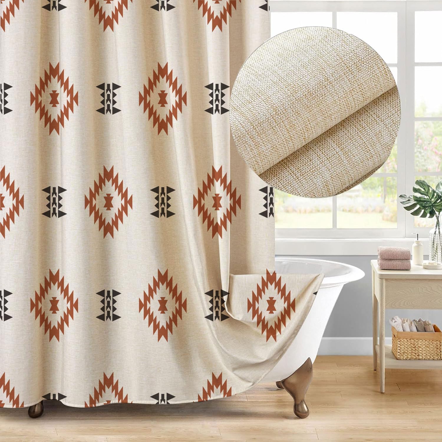 Southwest Rideau de douche en lin à rayures géométriques aztèques avec crochets – Rideau de douche occidental bohème pour salle de bain, 180 x 213 cm