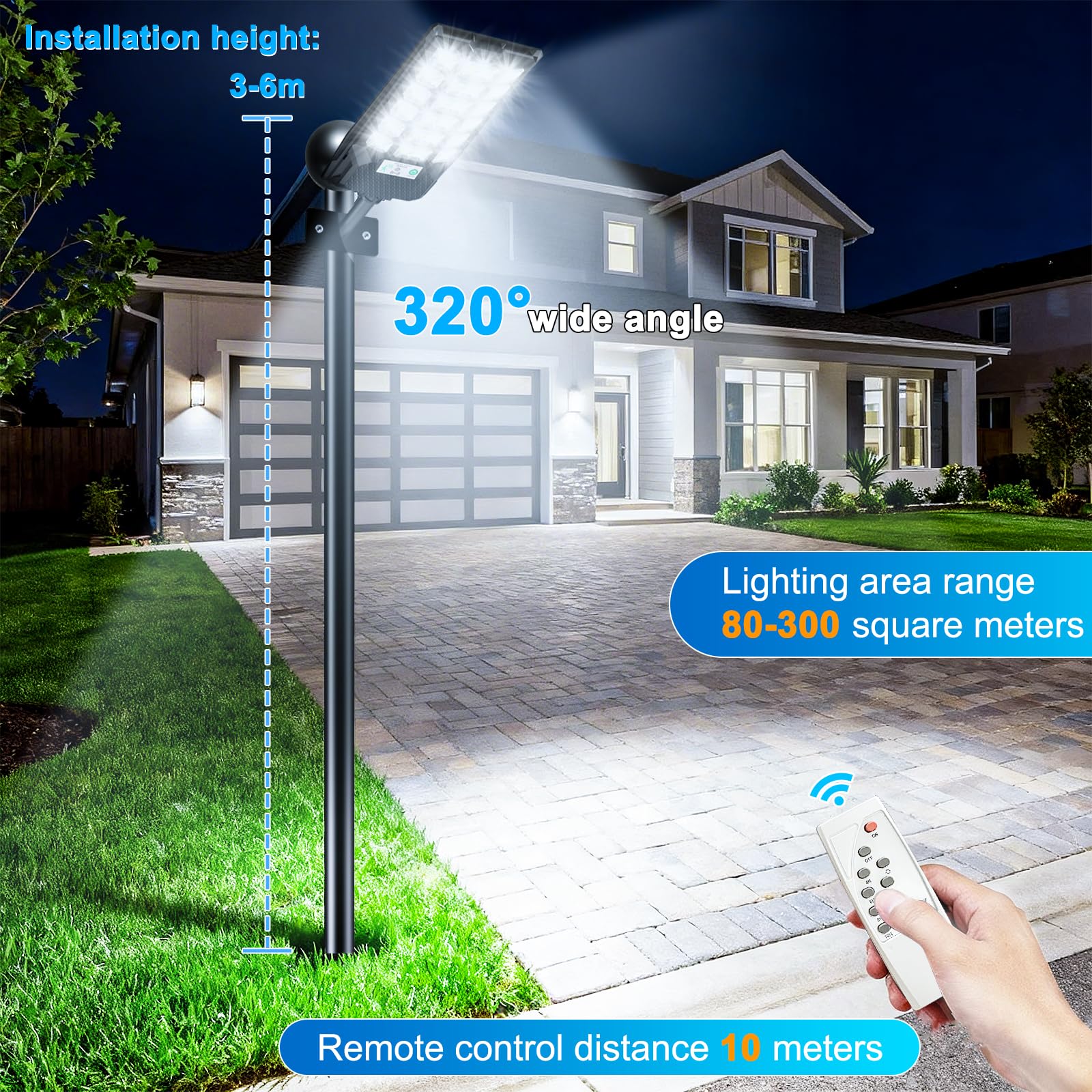 CREATESTAR Lampione Solare Led Esterno 300W, IP66 Impermeabile Faretto Stradale 6500K Lampada Stradale Solare con Sensore di Movimento Telecomando, Faro led esterno per Garage Terrazza Giardino Strada