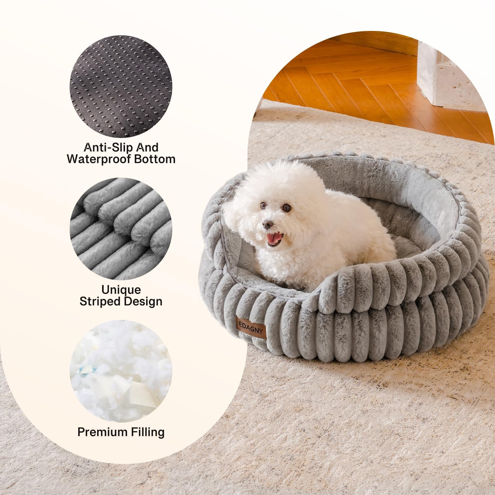 EDAGNY Elegantes Camas para Gatos Camas Perros - Redonda Suave Cama para Perros Pequeños y Medianos Perro, Lavable Calmante Cama para Mascotas (Gris, 51cm x 51cm x 20cm)