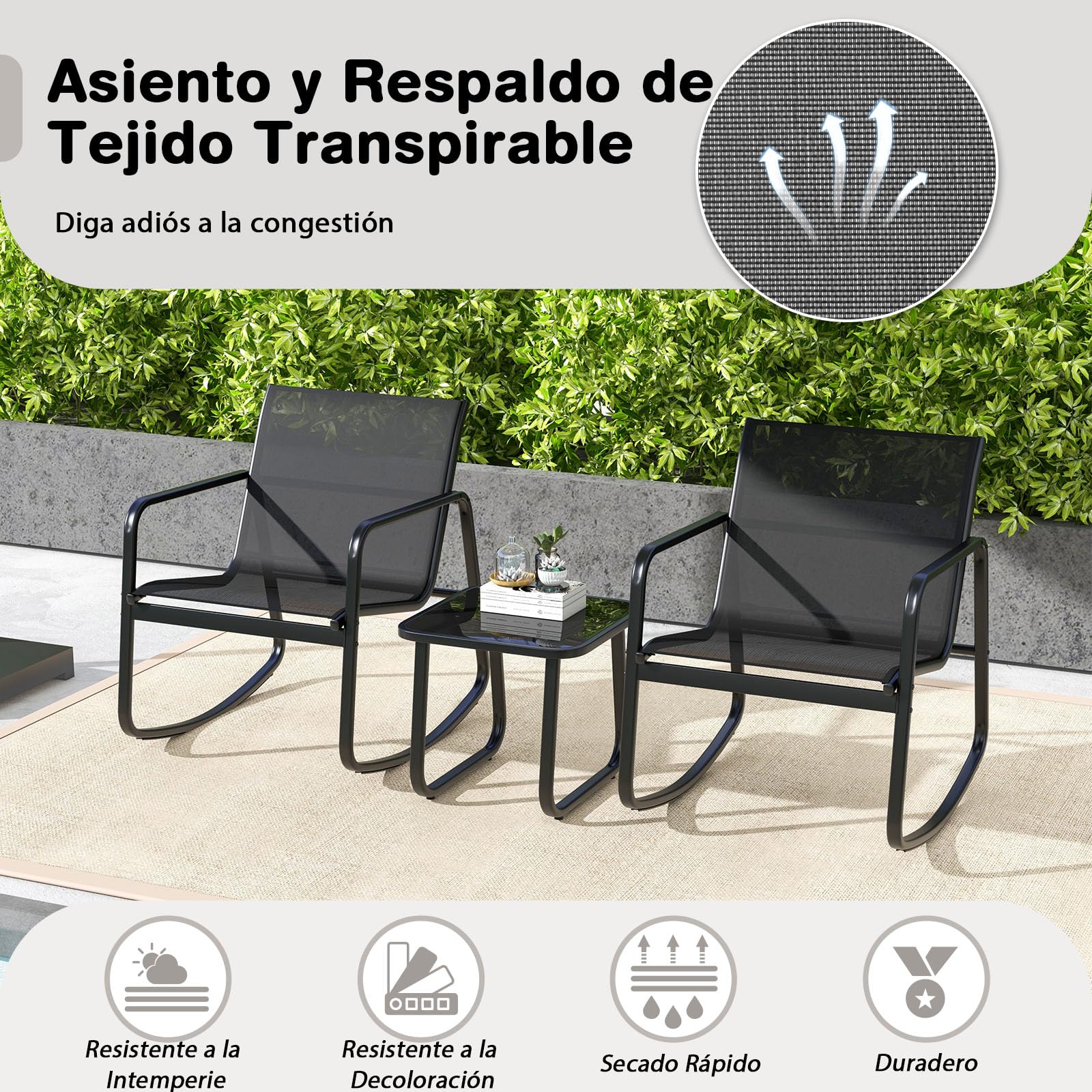 GIANTEX Juego de Bistró 3 Piezas, 2 Sillas Mecedoras de Tejido Transpirable, Mesa de Café con Tablero de Vidrio, Estructura de Metal, para 2 Personas, Conjunto de Muebles para Patio, Jardín (Negro)