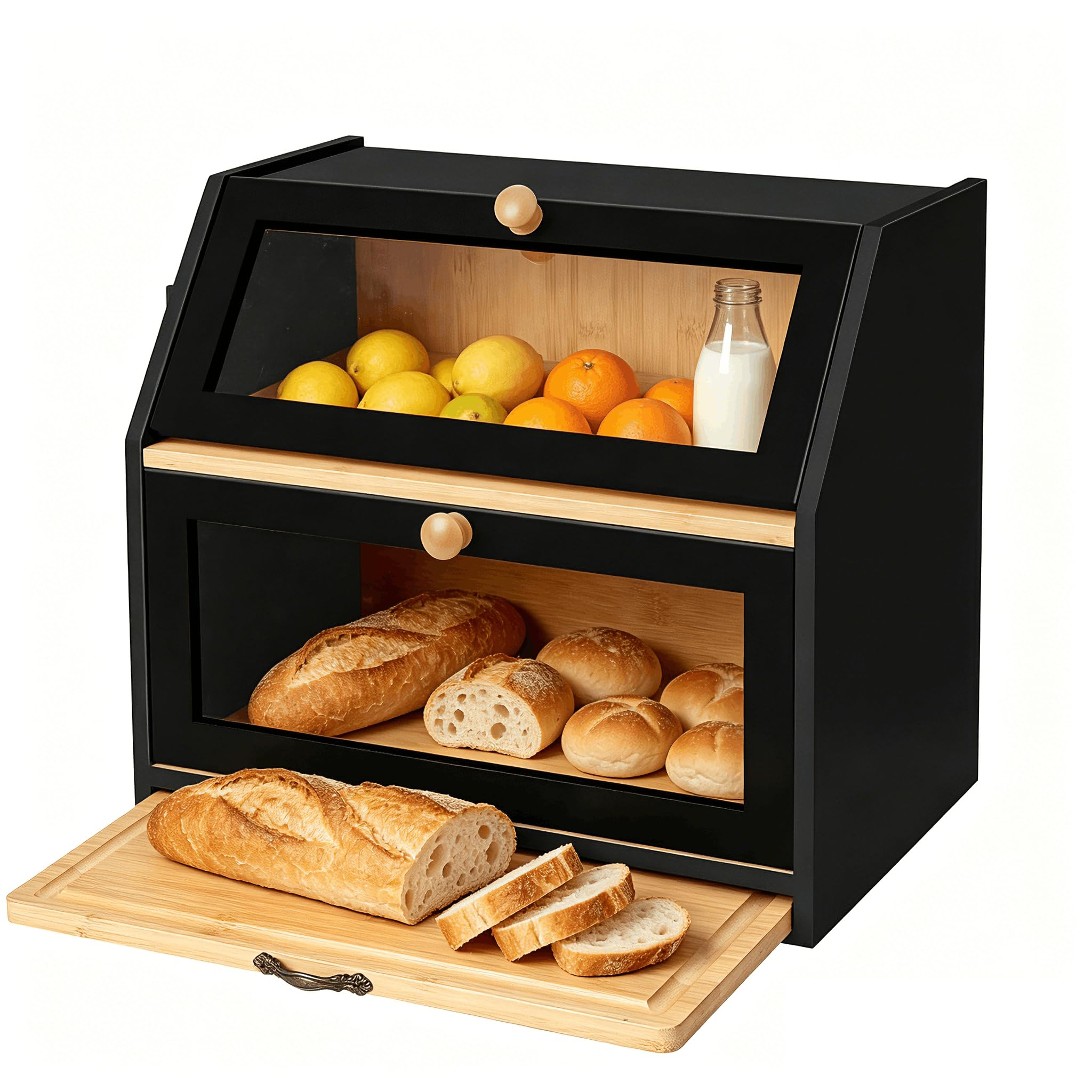 Brotkasten Bambus mit Schneidebrett & Sichtfenster, 2-Etagen Brotaufbewahrung für Küche, Staubdicht & feuchtigkeitsgeschützt, 39x26x33cm, Messeraufbewahrung,Dunkelbraun