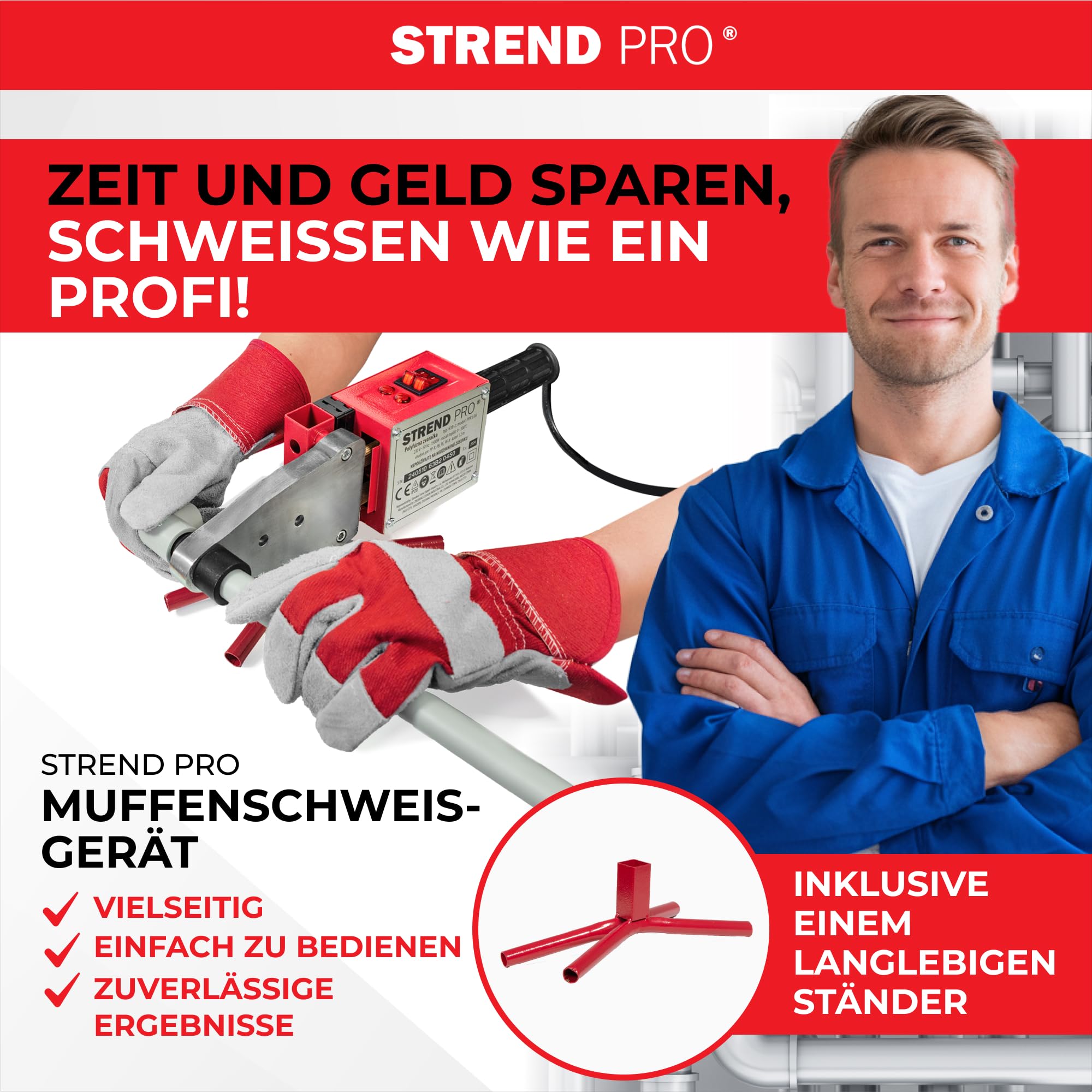 STREND PRO Muffenschweißgerät |1500W Polyfusions | Schweißgerät für Kunststoffrohre Ø20–63 mm - PPR, PE | Profi-Rohrschweißgerät mit 14-teiligem Zubehör | 0–300°C Temperaturregelung | Schweißgerät