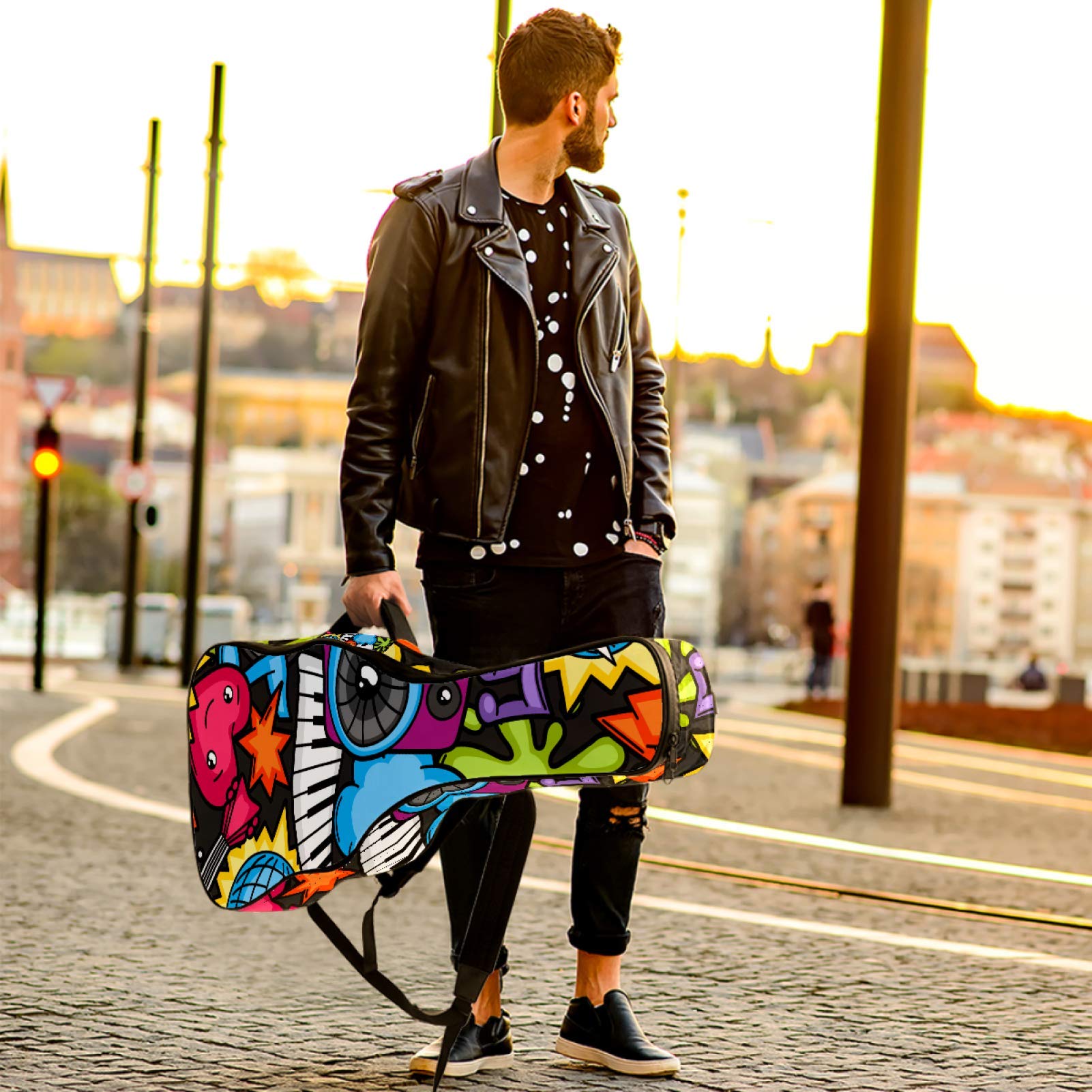 Borsa per chitarra impermeabile con cerniera morbida zaino per chitarra, basso acustico e classico folk chitarra elettrica divertente Cartoon Skull Guitar Rock Music Party