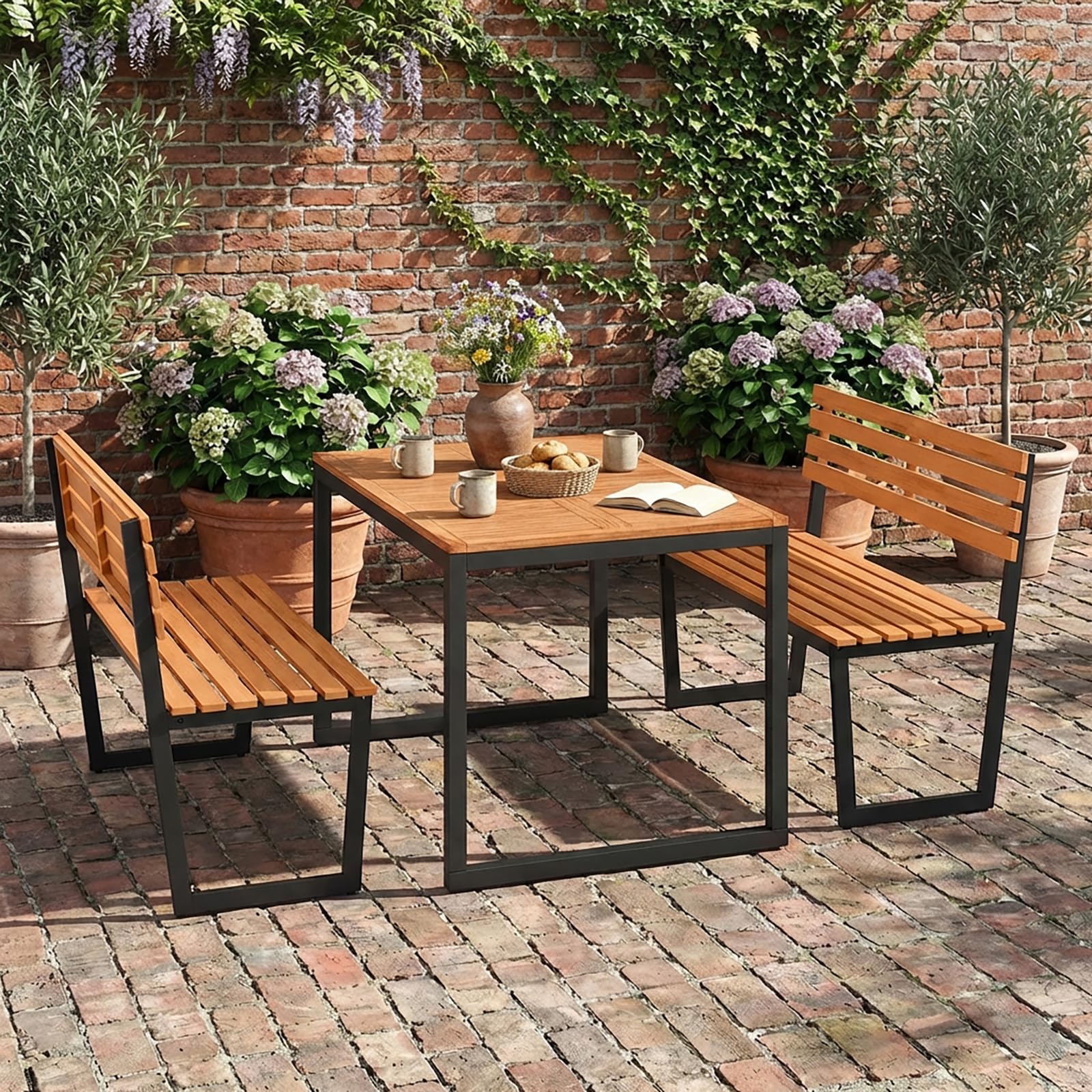 DREAMADE Gartenbank Holz, 2-Sitzer Holzbank wetterfest, Sitzbank Outdoor aus Akazienholz mit Metallrahmen, Balkonbank bis 360 kg belastbar, Parkbank für Garten, Balkon, Terrasse (Ohne Lehne)