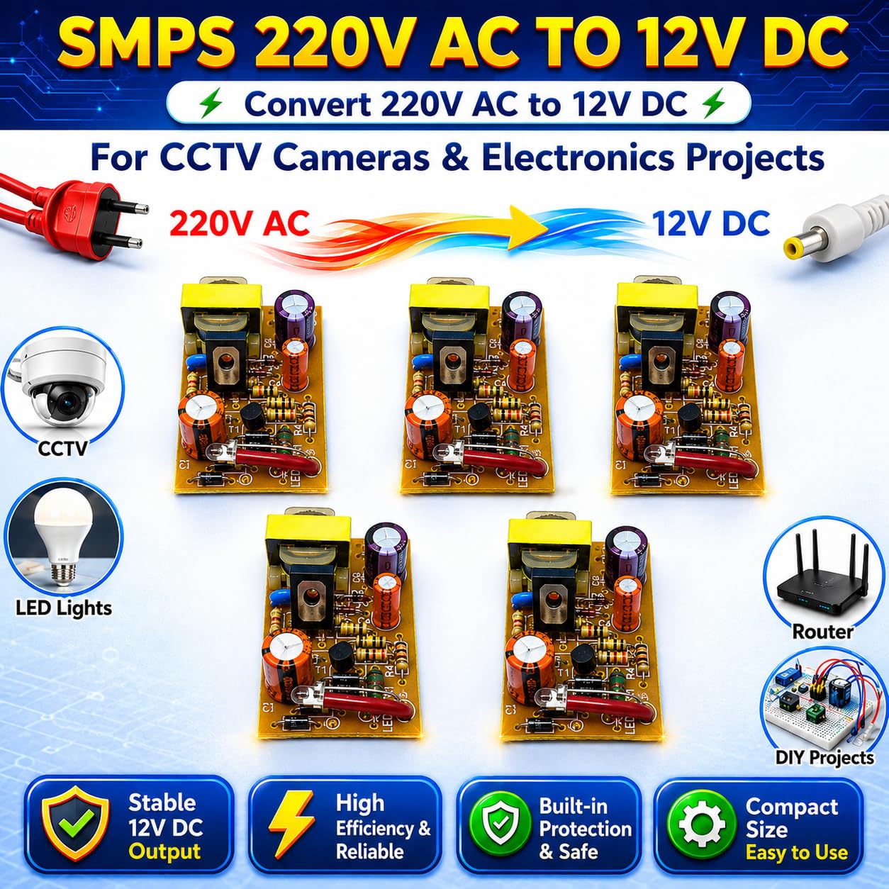 SMPS 220V AC to 12V DC Power Supply Board Driver PCB for LED Lights, CCTV Camera, DIY Electronics Projects – Pack of 5 Power Supply — Amazon image 3