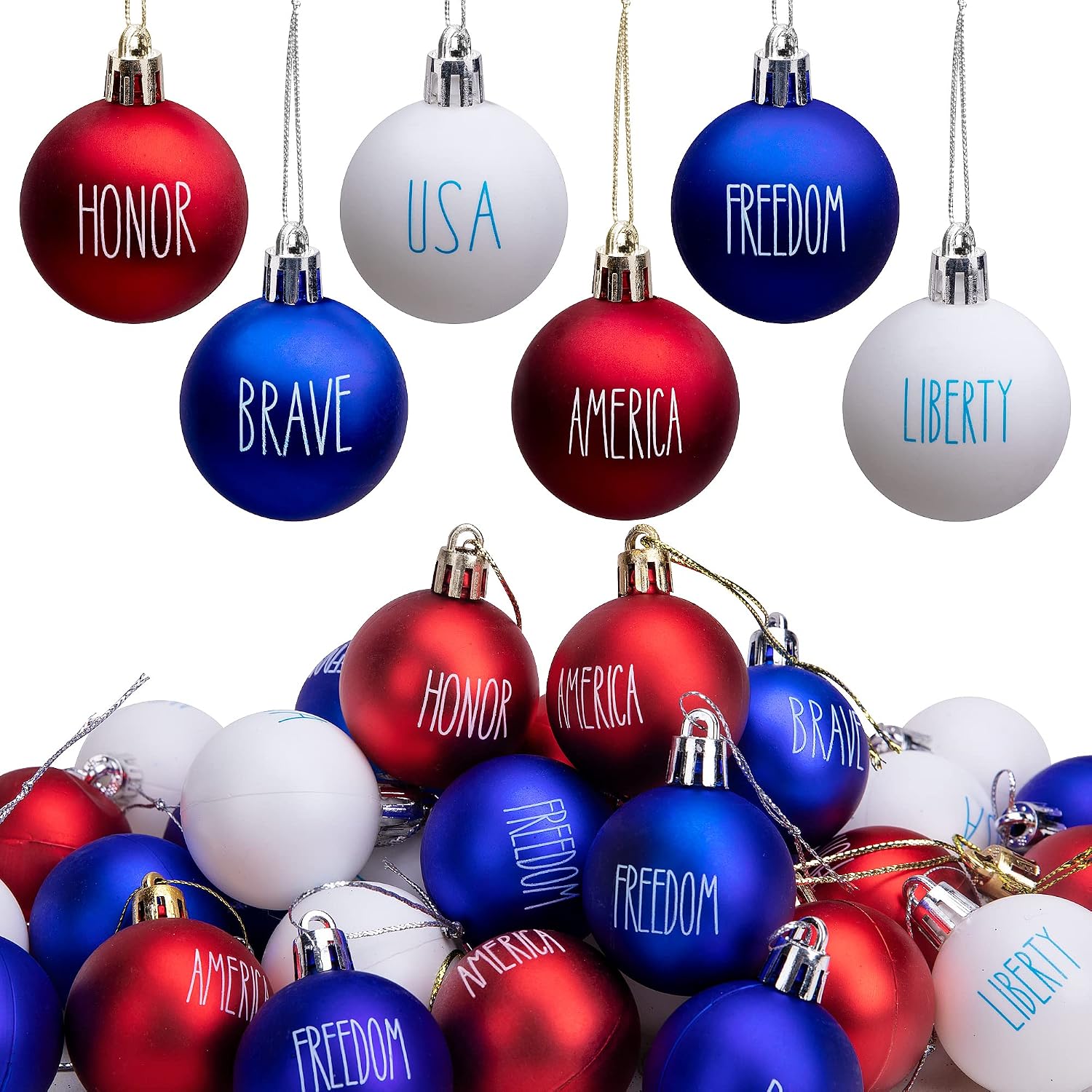 Deloky 24 Pcs 4th of July Tree Ornaments - 1.57" Memorial Day Letter Balls - Red White Blue Patriotic Hanging Balls for Independence Day Veterans Day Holiday Party Decoration