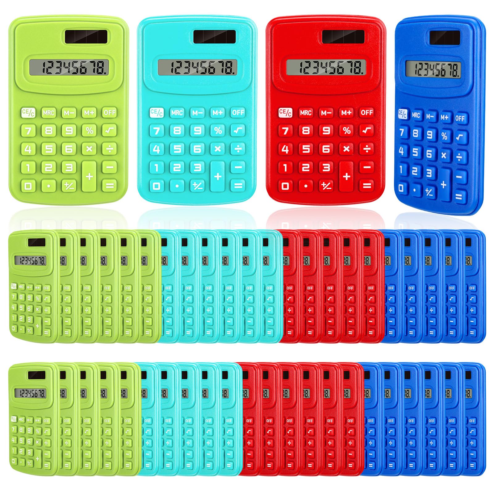 LEIFIDE Lot de 48 petites calculatrices de poche basiques à 4 fonctions, affichage à 8 chiffres, alimentation par piles pour bureau, maison, bureau, école, étudiants, enfants (couleurs classiques)
