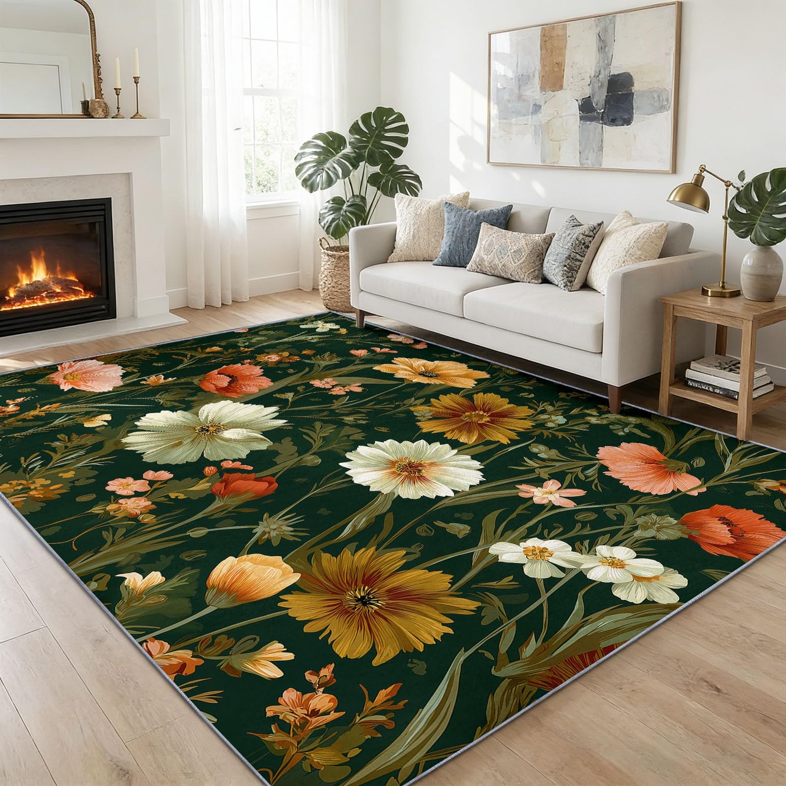 Tapis lavable salon 60x90 cm vintage campagne marguerite vert foncé