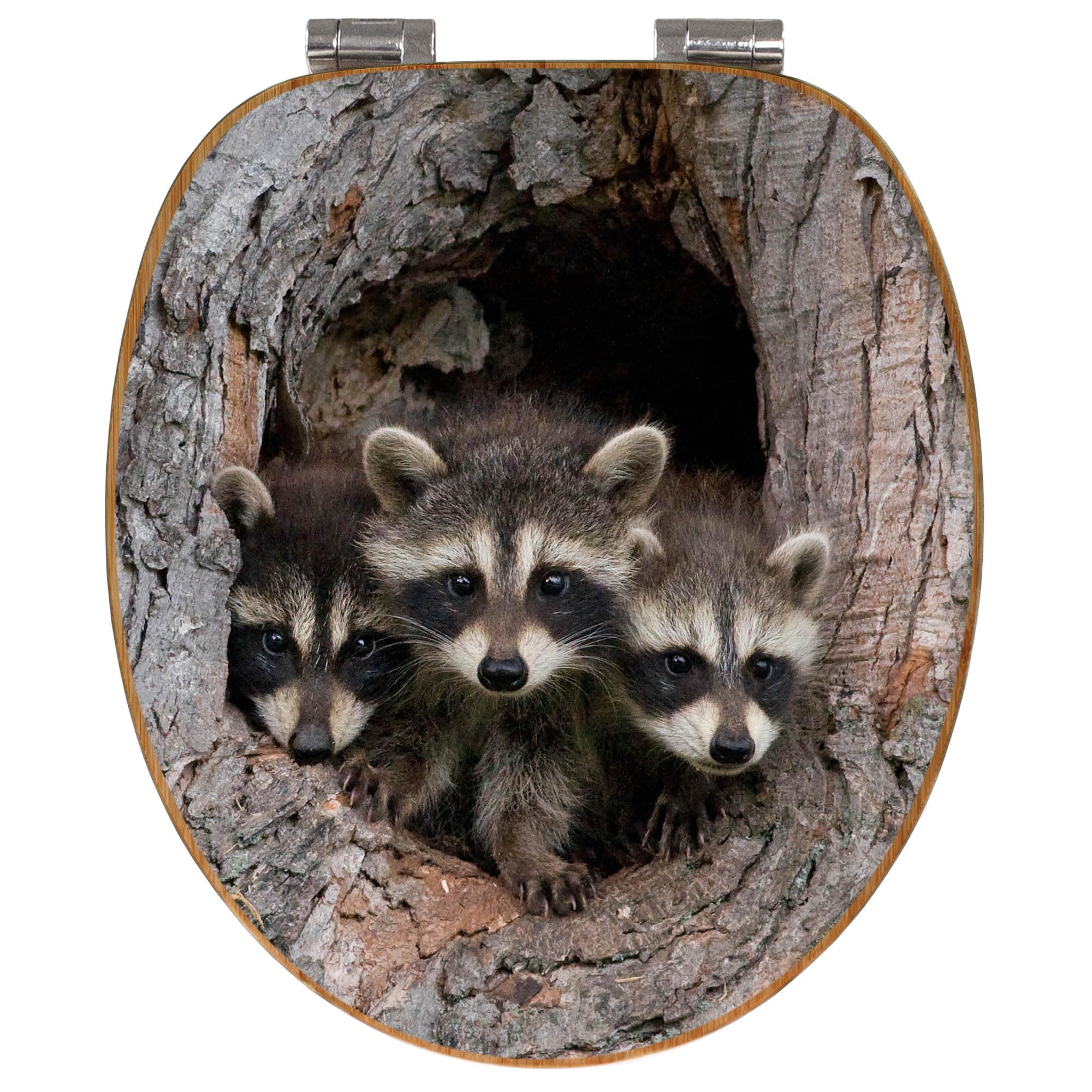 banjado Design WC Sitz Bambus Absenkautomatik 45,8x37,5cm - Toilettendeckel mit Absenkautomatik Holz - hochwertiger Bambus Klodeckel - WC-Sitz für gängigen Toiletten - Motiv Drei Waschbären