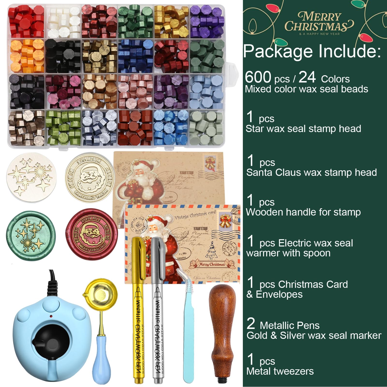 Weihnachtswachssiegel-Set, Weihnachtsmann und Sternstempel mit Perlen in 24 Farben, 600 Stück, elektrischer Wärmer, Löffel, Metallstifte, Karte und Umschlag zum Versiegeln von Briefen