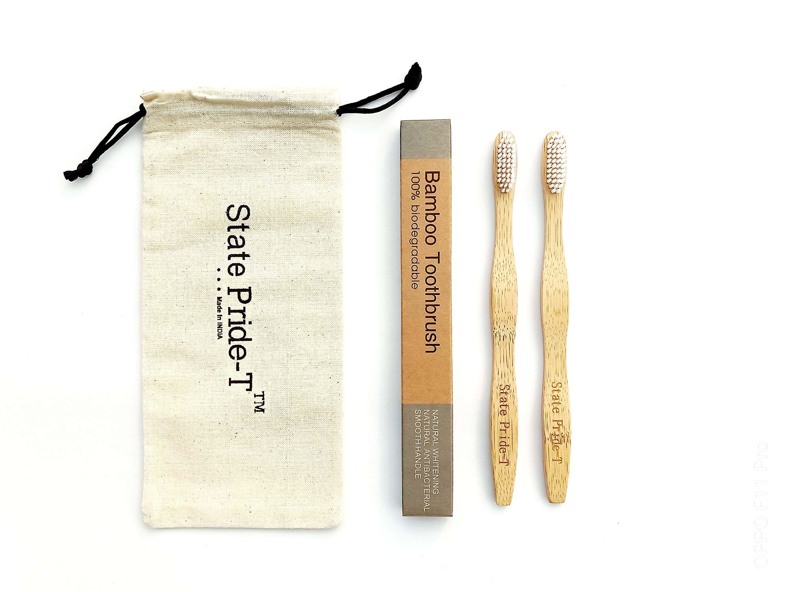 State Pride-TState Pride -T Biodegradable Bamboo Toothbrush for Adults - Pack of 2|White Medium Bristles |BPA & Plastic-Free with Free Cotton Pouch