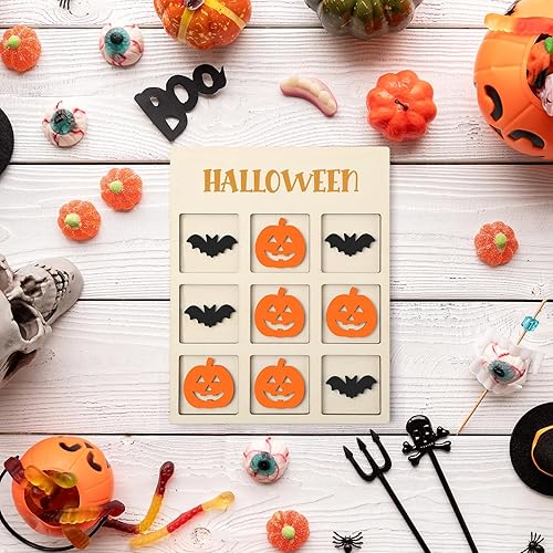 Miniatura 6 de Hiboom 2 juegos de Halloween Tic Tac Toe juego de mesa de madera con 10 calabazas, 10 murciélagos, rompecabezas divertido para la familia, regalos