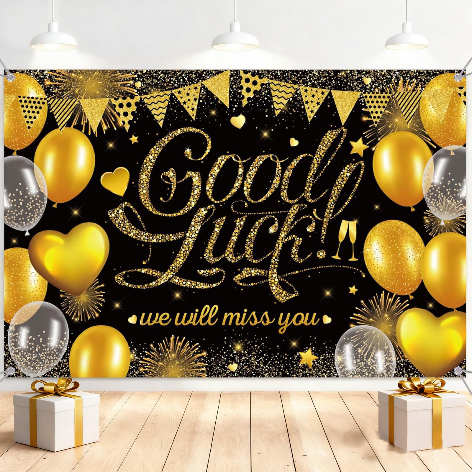 Axvxby Good Luck Banner Backdrop Black Gold We Will Miss You Large 70x47 Inch Goodbye Banner Retirement Graduation Farewell Party Decor Coworker Leaving Celebration Decoration