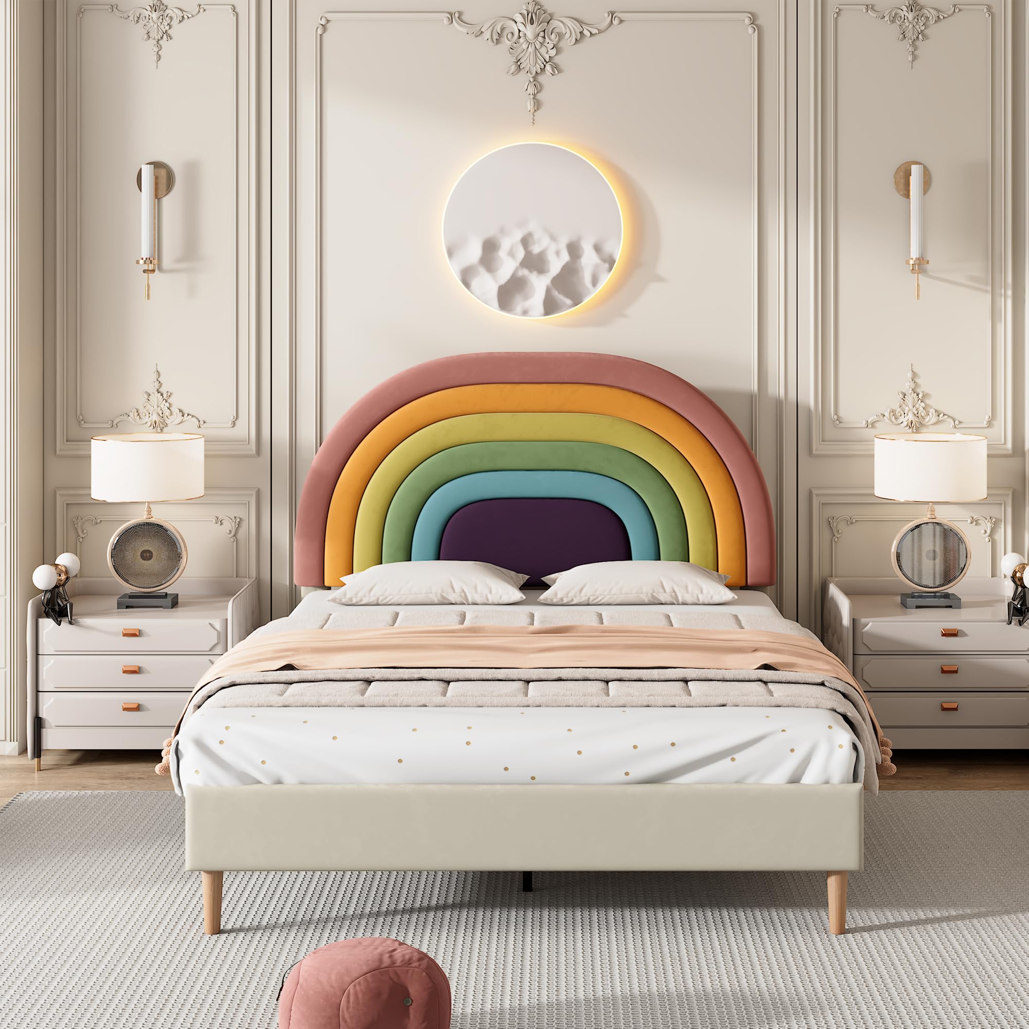 Idemon Letto imbottito 140 x 200 cm, con rete a doghe e testiera, letto per ragazzi, per adulti e adolescenti, rete a doghe in legno, facile da montare, testiera regolabile in altezza, velluto, beige