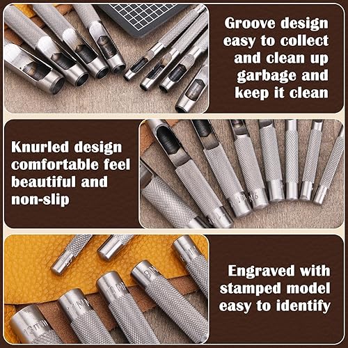 Miniatura 9 de Juego de 16 perforadores de cuero de 0.31 a 0.51 pulgadas para manualidades de cuero, herramientas huecas redondas para correas de reloj,