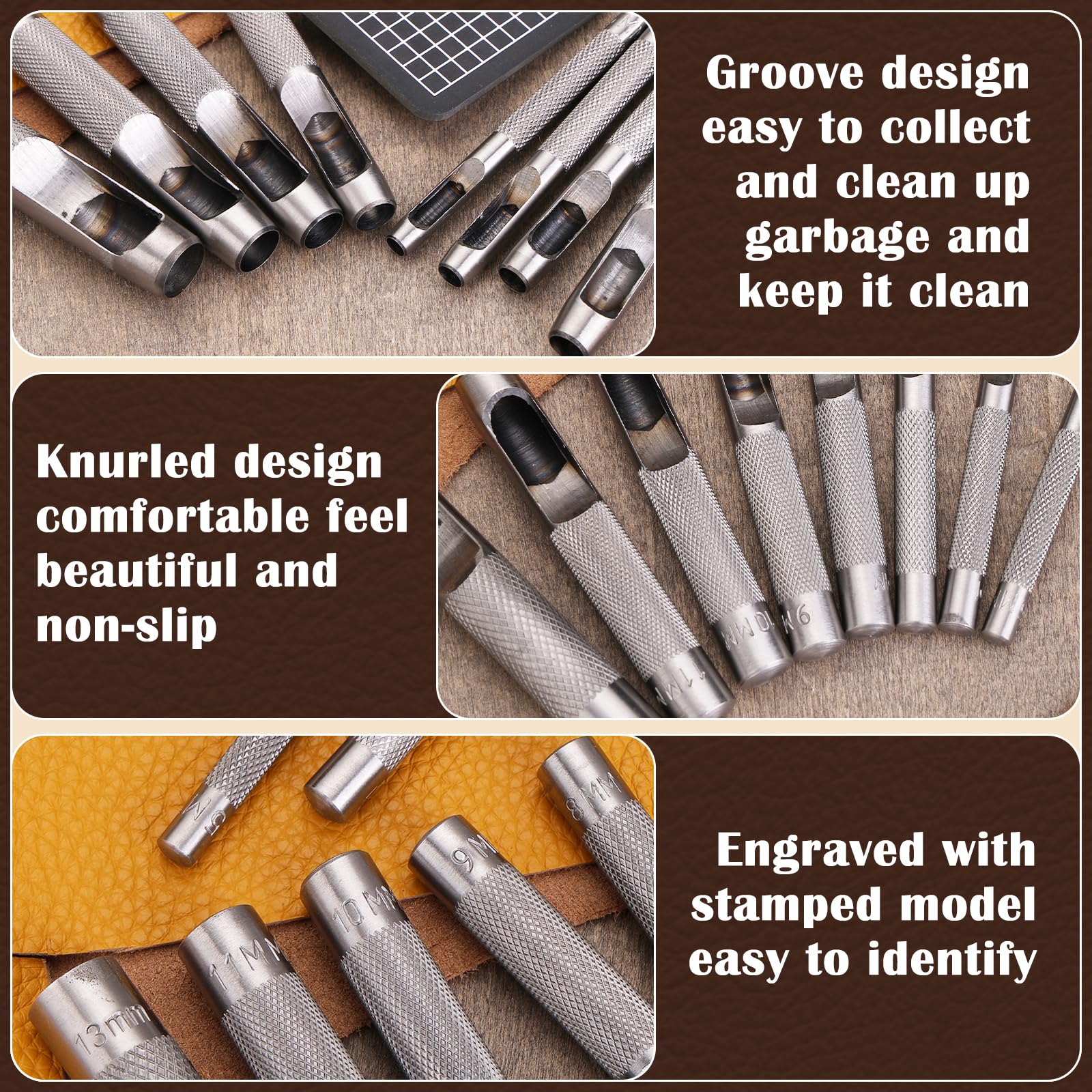 8 Stück Leder-Lochstanzer 5 mm - 13 mm Hohlstanzer Set für Lederbasteln, runde hohle Werkzeuge für Uhrenarmbänder, Gürtel, Leinwandpapier, Gummi, weiches Material