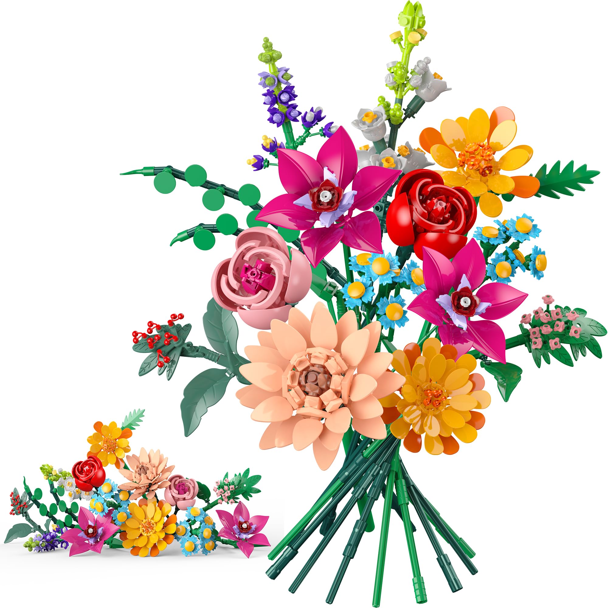 Kit de Construcción Ramo de 13 Flores Artificiales, 887 Pcs con Flowers Roses para Decoración Hogar y Oficina, Regalo Día de la Madre, San Valentín y Cumpleaños Niños 6+/Adultos