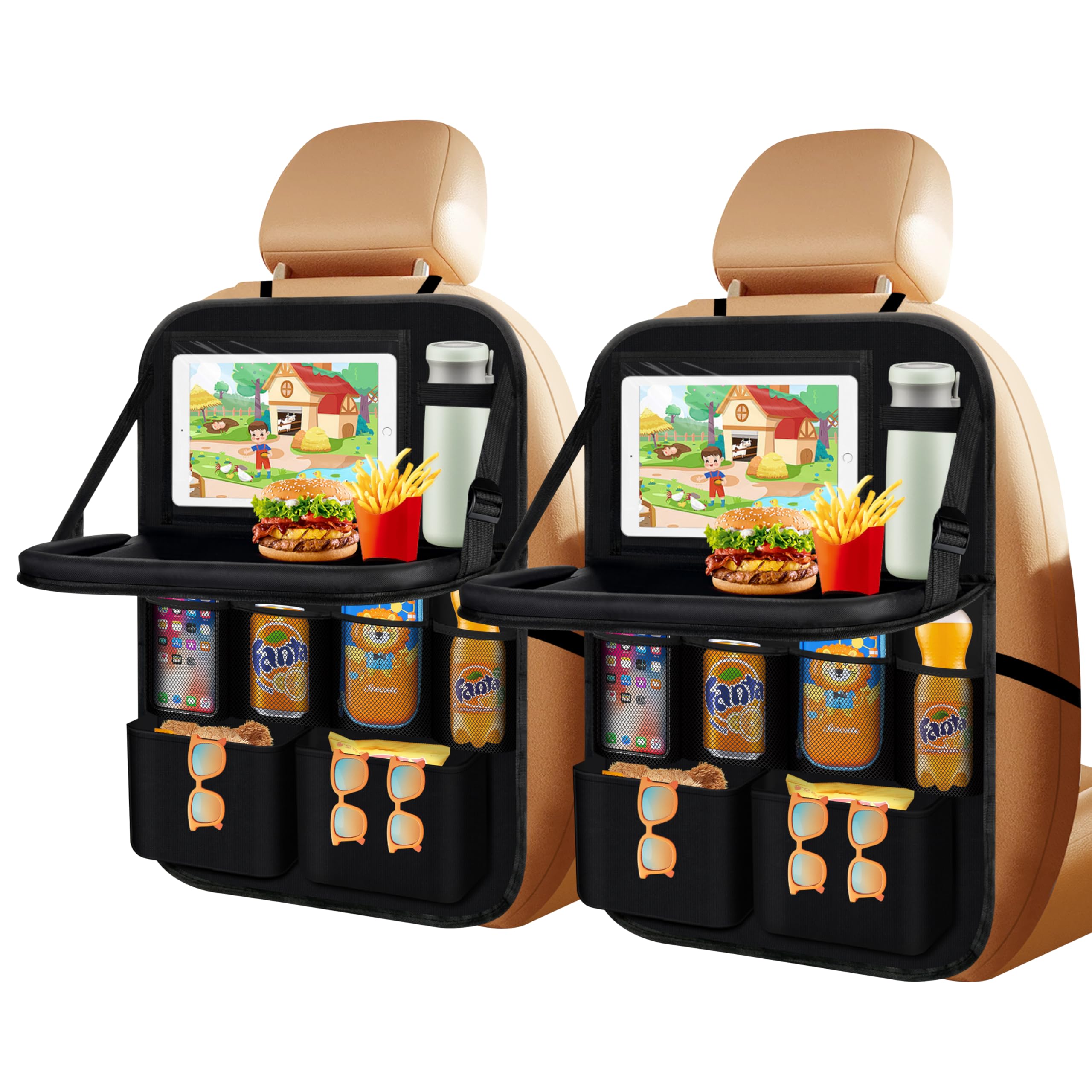 Organisateur voiture enfant x2 avec plateau de rangement noir pour siège auto