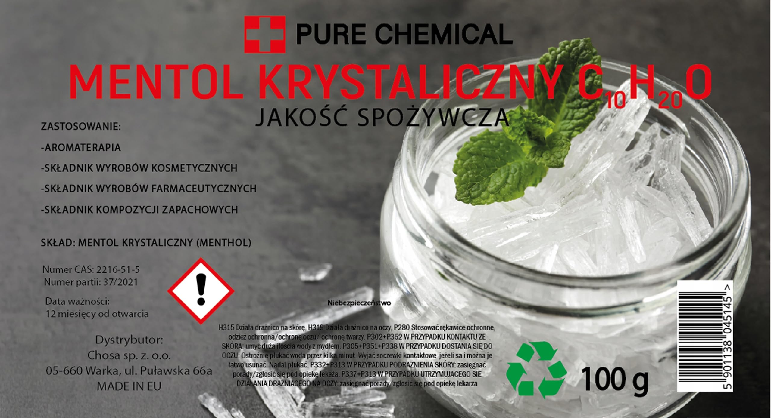 PURE CHEMICAL - Kryształki mentolu 100 g - Naturalne kryształki mentolu - Dodatek do sauny - Kryształki do sauny - Uwalnia drogi oddechowe - Zapewnia intensywny zapach - Akcesoria do sauny (100g)