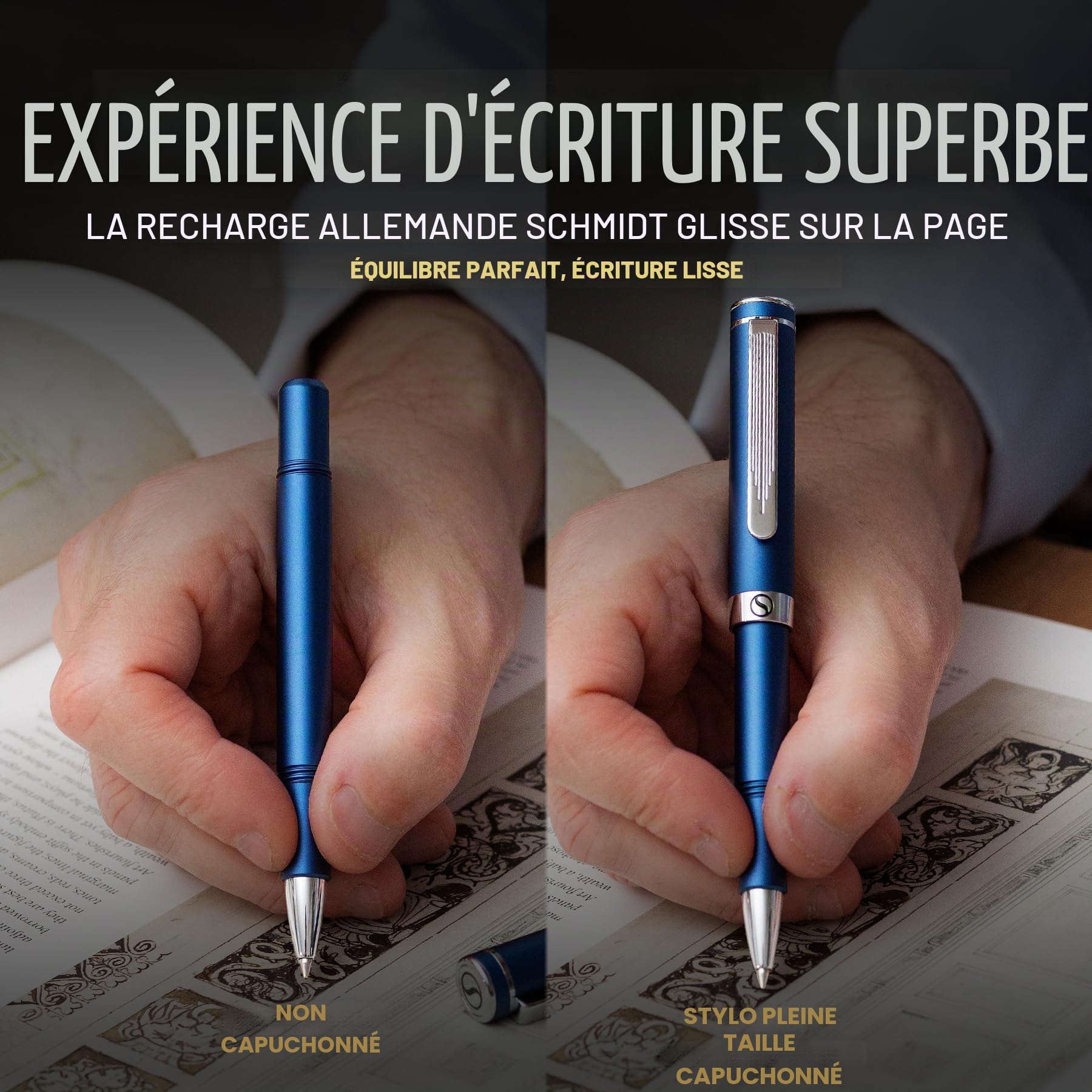 Scriveiner Roller Bleu EDC Stylo de luxe, Stylo de poche lourd avec finition chromée, d'écriture agréable, Cadeau homme et femme, Recharge Schmidt, Ensemble de stylos de bureau