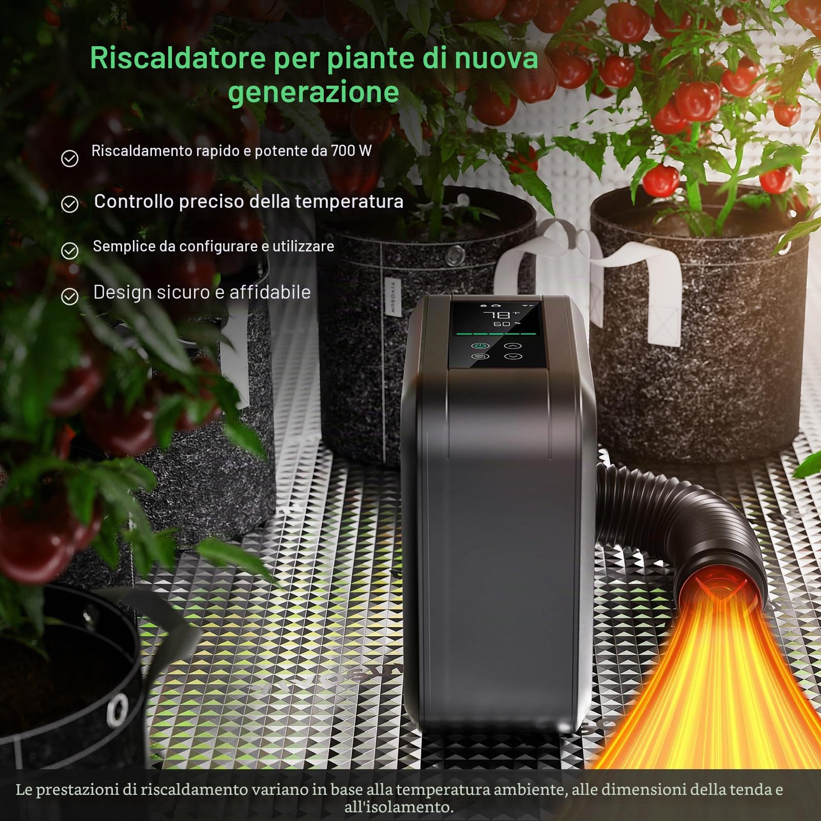 VIVOSUN AeroFlux Riscaldatore per Tende da Coltivazione Intelligenti 700 W, Riscaldamento PTC con Termostato, Monitoraggio VPD, Controllo app, Protezione Contro il Surriscaldamento e Tubo di prolunga