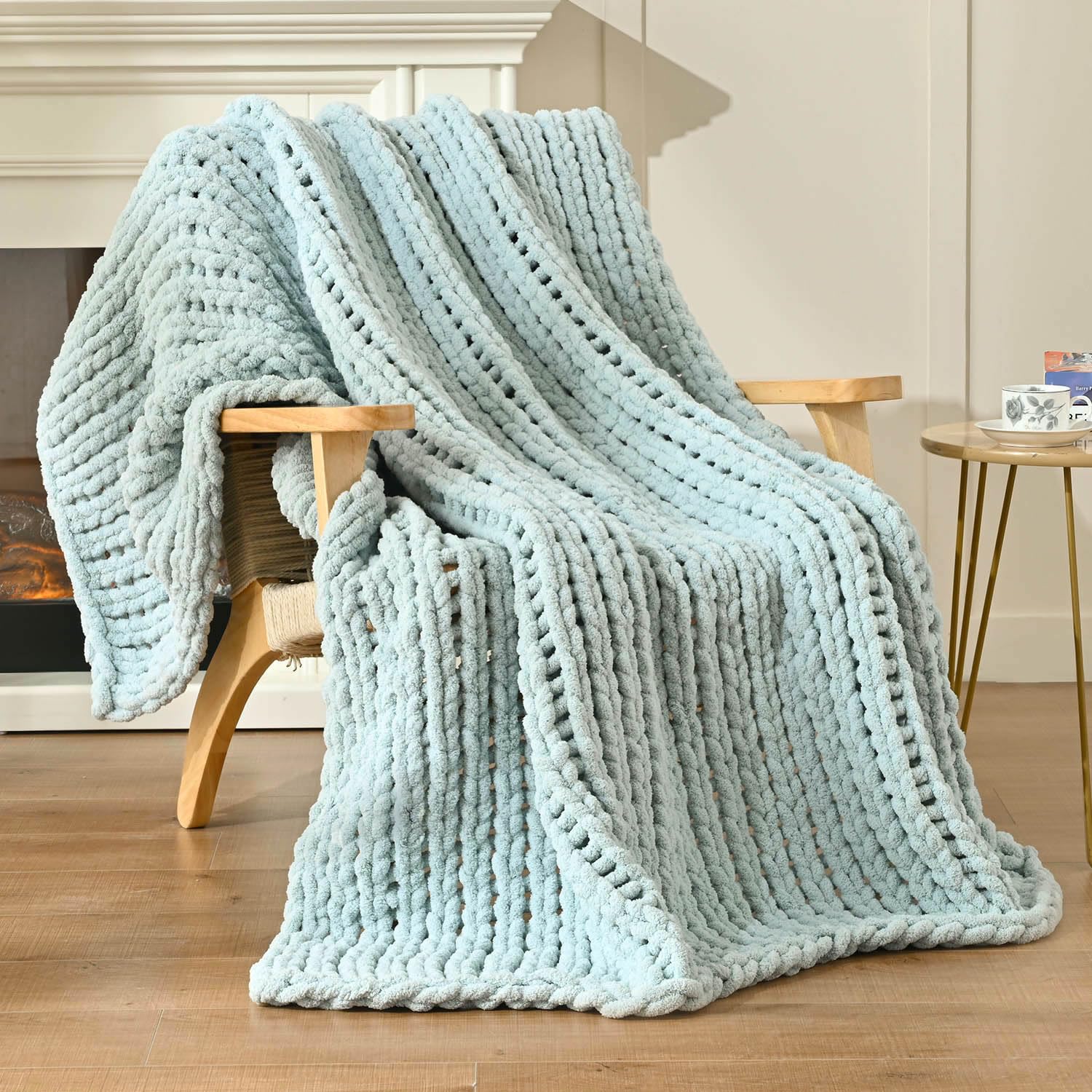 Esterra 06 - Sky Blue Chunky Knit Blanket Throw 50"X60", 100% Hand Knitted Chenille Throw Blanket, Cozy Soft Thick Cable Knit Throw Large Rope Knot Crochet Throw Blanket For Sofa Couch Bed, Sky Blue