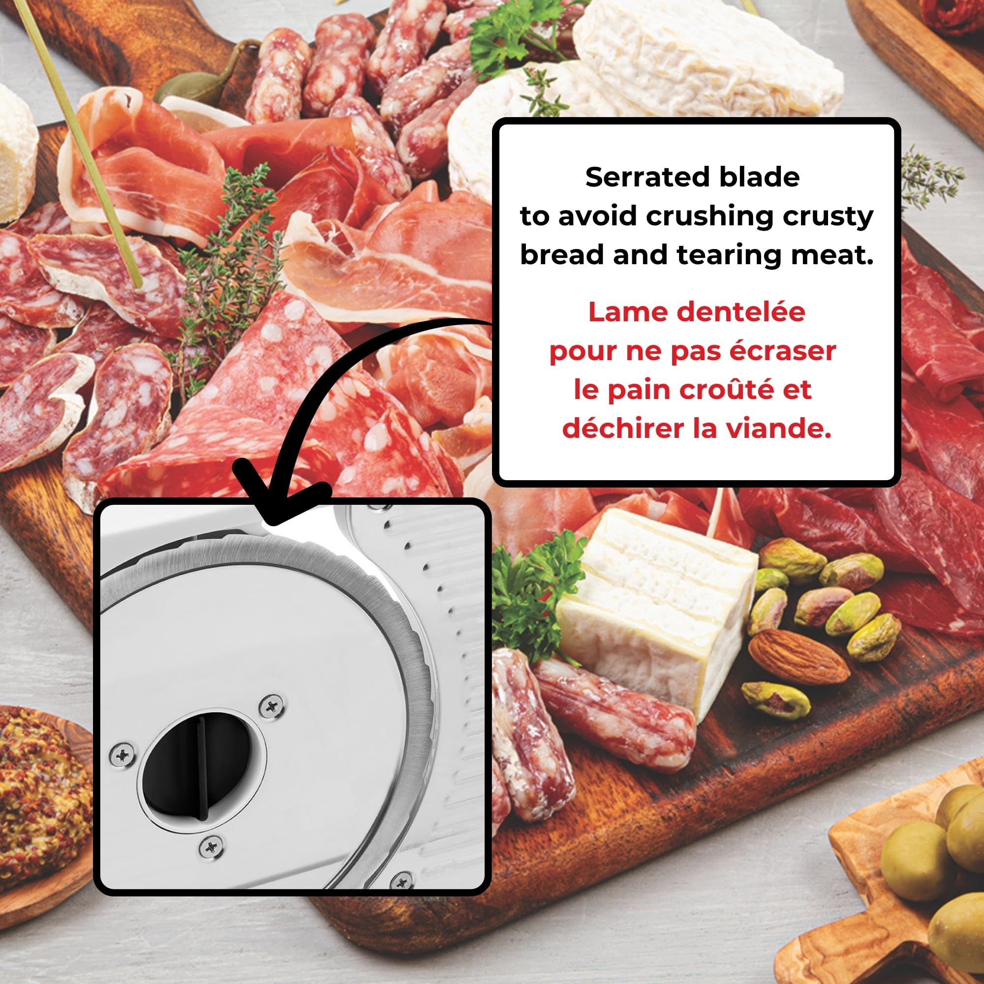 Starfrit Cortador de delicatessen, rebanadas de carne, queso, pan, hoja de acero inoxidable de 6.5 pulgadas, perilla de grosor ajustable, anidable para un fácil almacenamiento, frutas y verduras 2 en