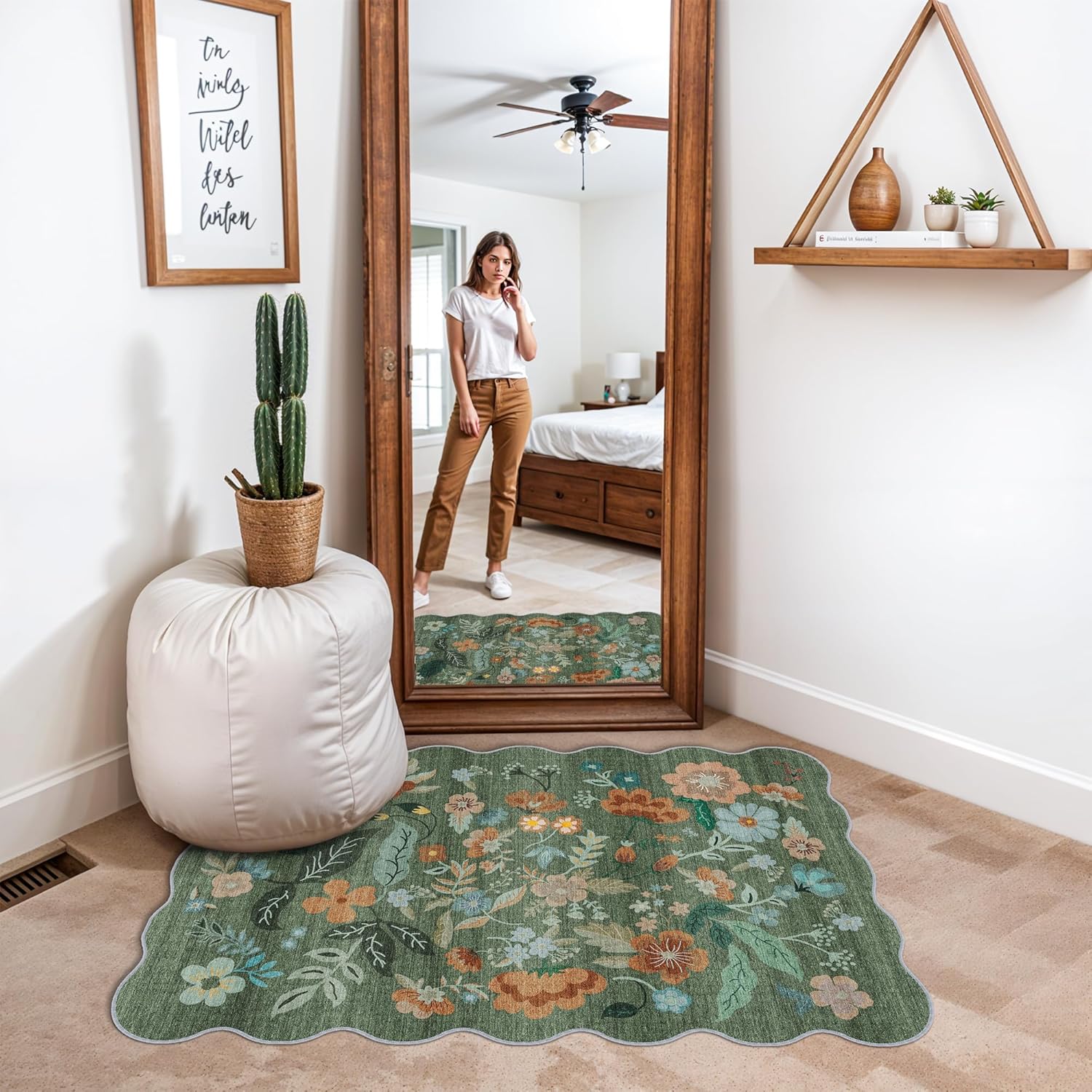 Washable Floral 2x3 Area Rug: Indoor Soft Scalloped Carpet for Entryway Kitchen Nursery Non-Slip Water Resistant Bathroom Laundry Floor Mat Low Pile Durable Door Mat(2x3 Floral/Green) - Image 6