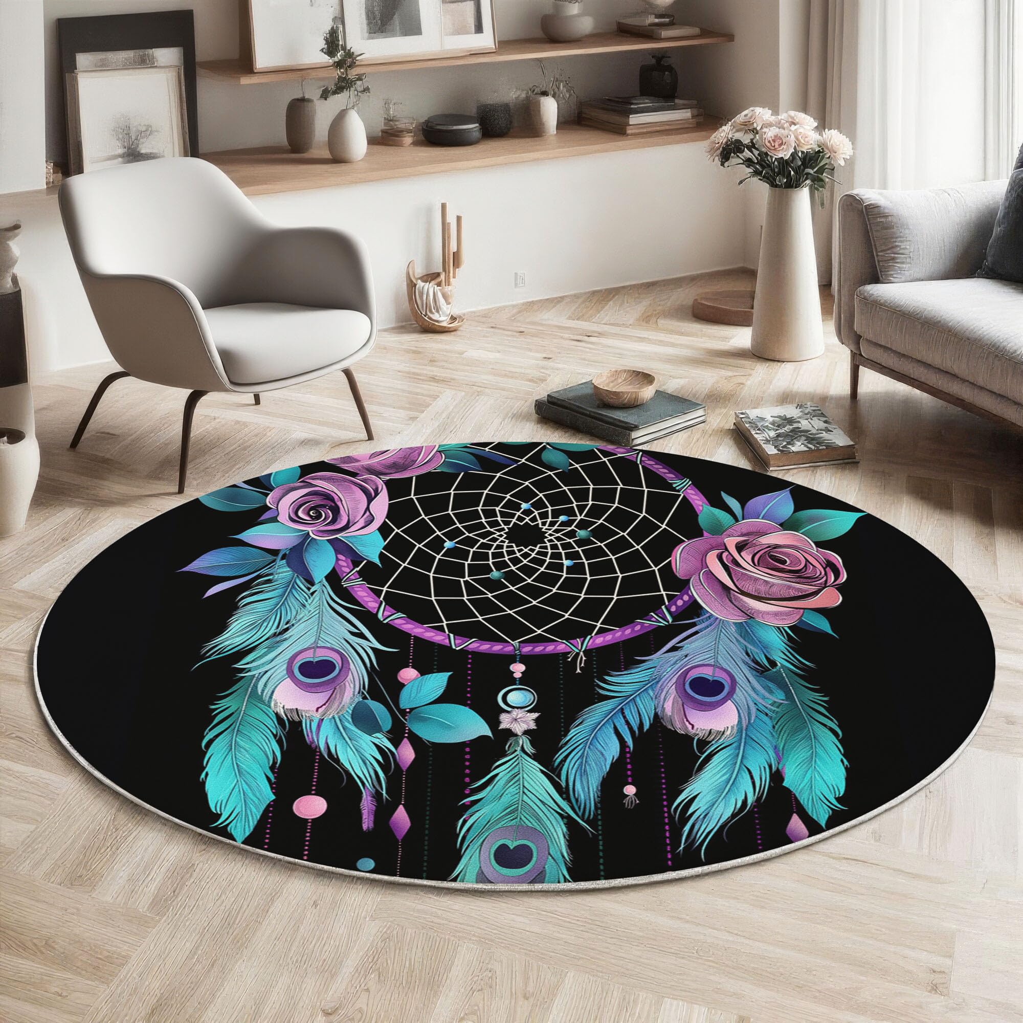 Kinder Teppich rund 120cm – Waschbar & rutschfest | Traumthema Aquarell-Traumfänger für Jungen & Mädchen – Kinderzimmer, Babyzimmer, Wohnzimmer – blau-violett