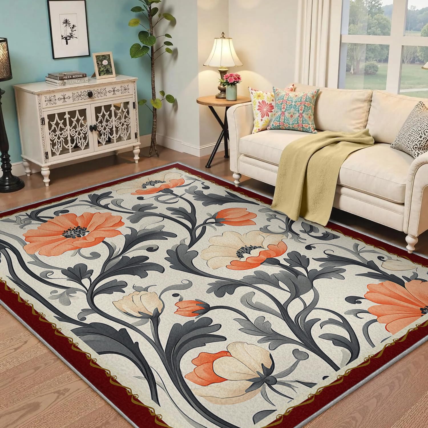 Tapis lavable 160x230cm doux et fin pour salon design floral