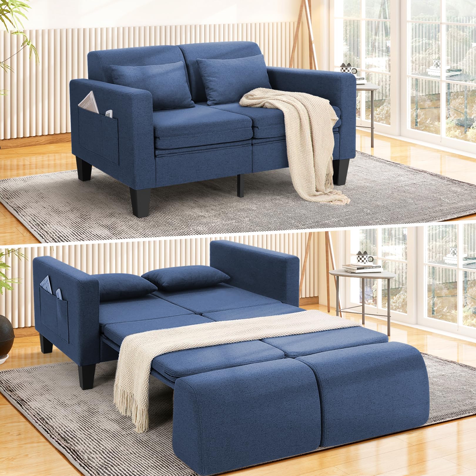 SEJOV 6-in-1 Convertible Sofa Bed, 58" Loveseat Sleeper Sofas with Pull Out Couch Bed, Removable Backrest, Storage Pockets and 2 Pillows, Modern Folding Linen Futon Couch for Small Spaces, Blue