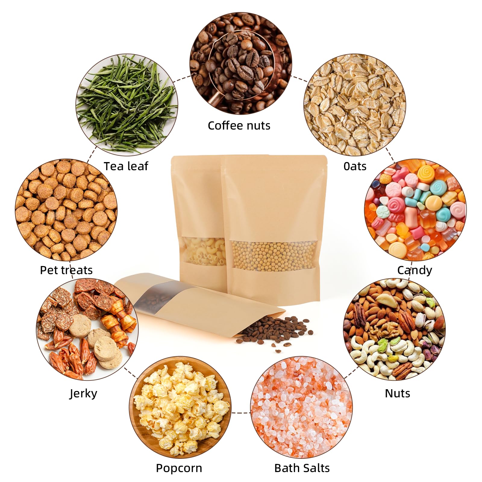 50 sacchetti di carta kraft con finestra - Sacchetti di carta kraft richiudibili 18 x 26 cm - Carta kraft - Per frutta secca, dolci, foglie di tè - Ideale per piccole imprese, case (marrone)