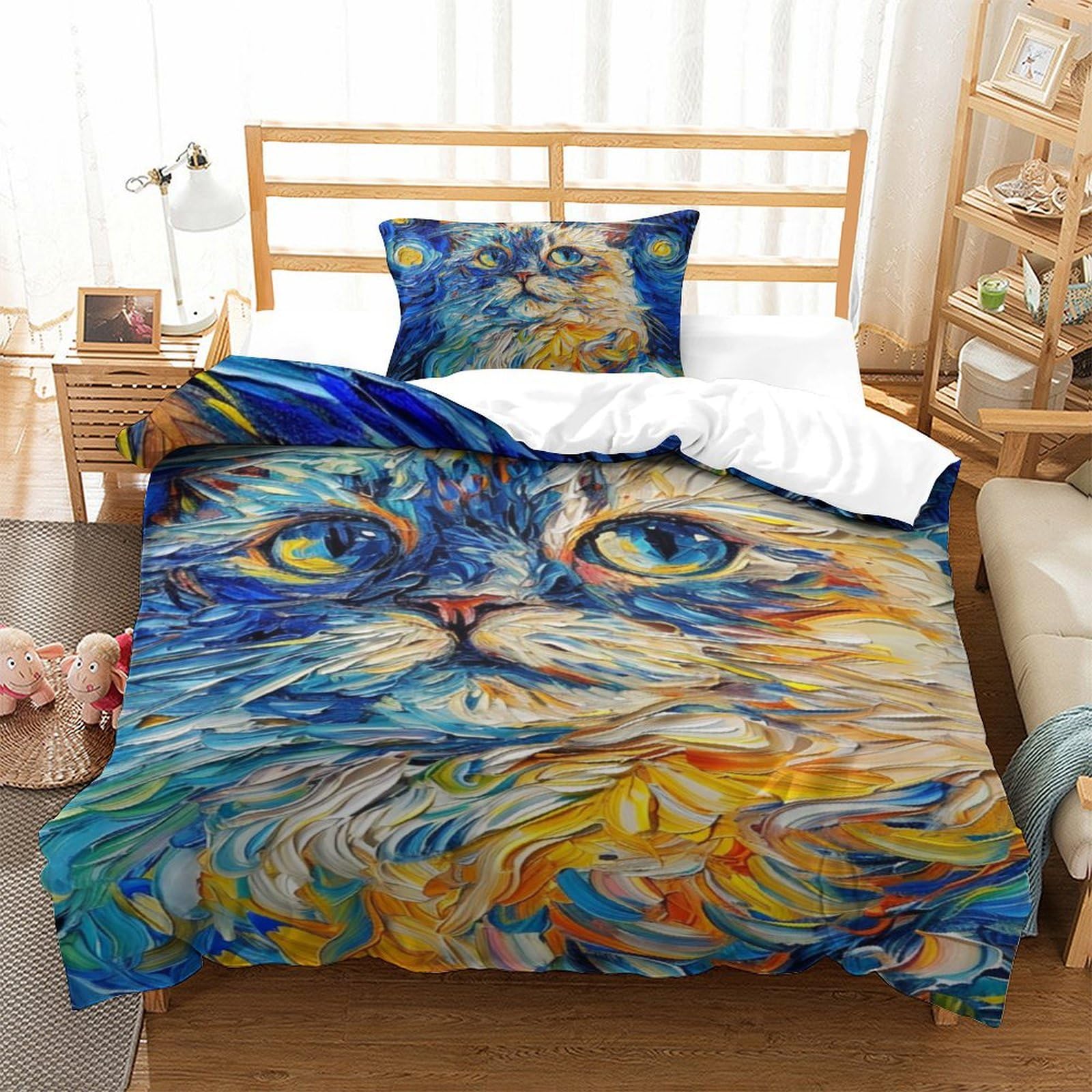 Housse de couette chat 3D 135x200cm en microfibre avec taie d'oreiller pour lit single