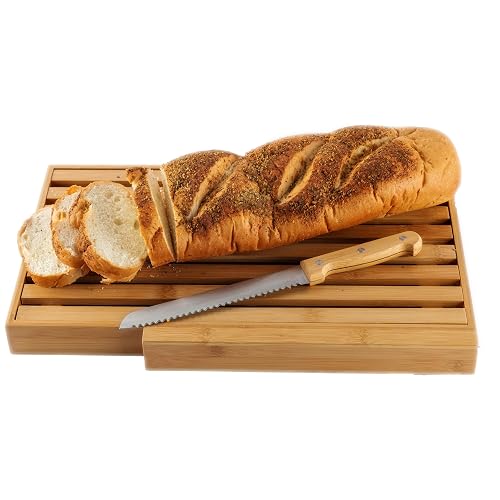 BAMBOO LAND Large Bamboo Bread Cutting Board with Crumb Tray