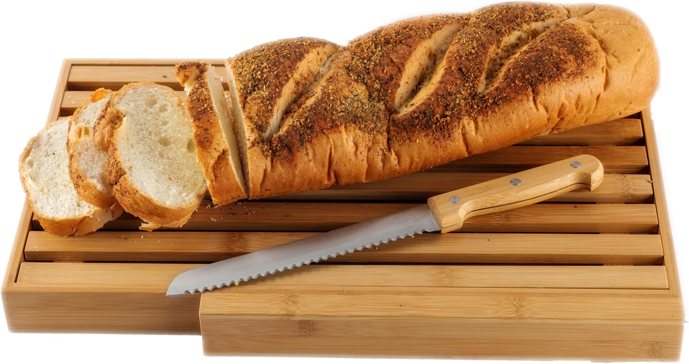 Large Bamboo Bread Cutting Board with Crumb Tray with Large Bread Knife, Bread Serving Tray for Kitchen