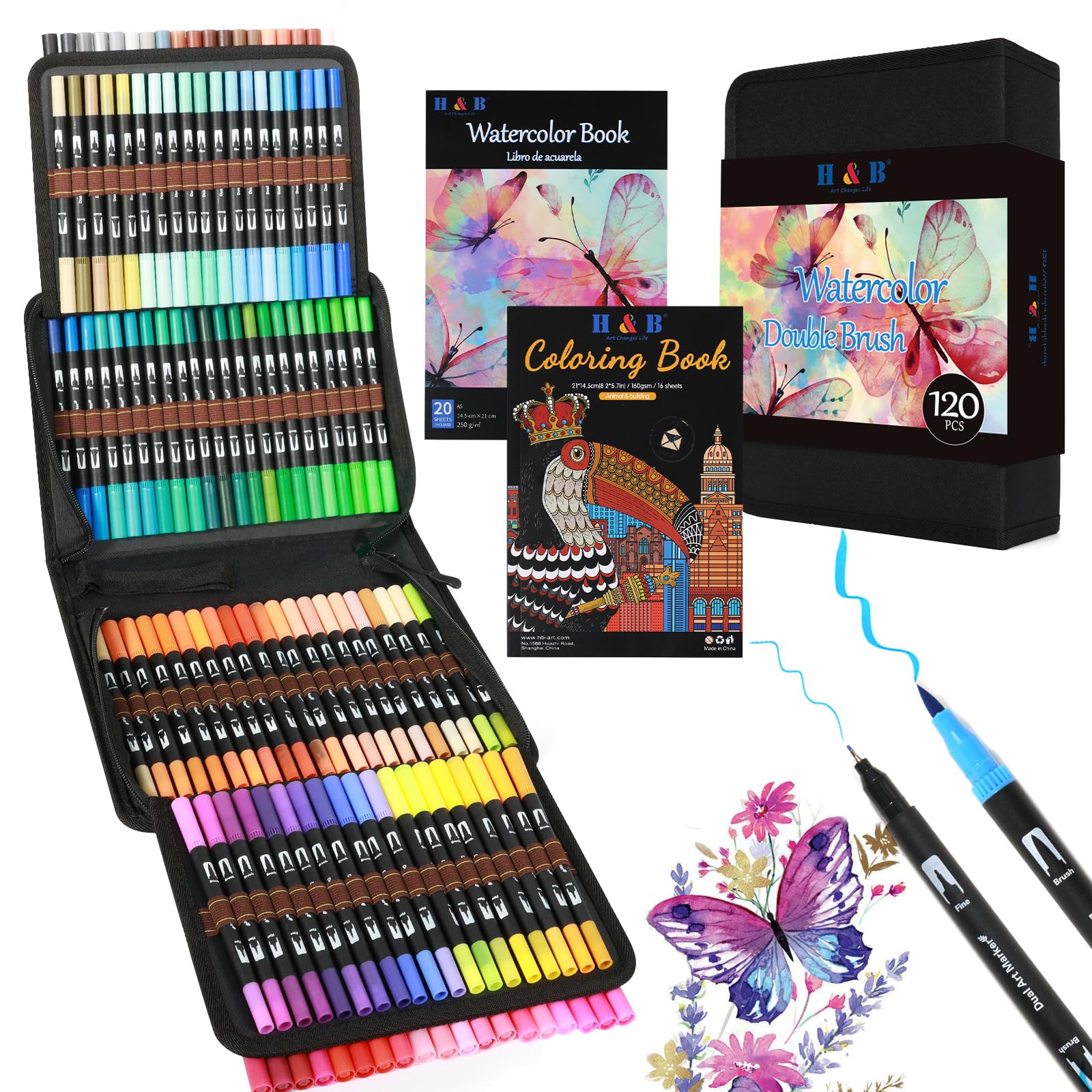 H & B Juego de pincel de doble punta y rotulador, 120 colores, suministros de bolígrafo artístico para dibujo y pintura de adultos