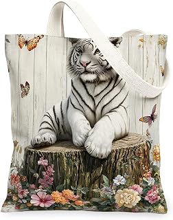 Spring White Tigers Canvas Tote Bag for Shopping 13 * 15, Cute Floral Wood Stump Reusable Grocery Shoulder Bag for Women, Animal Painting Gift Decor