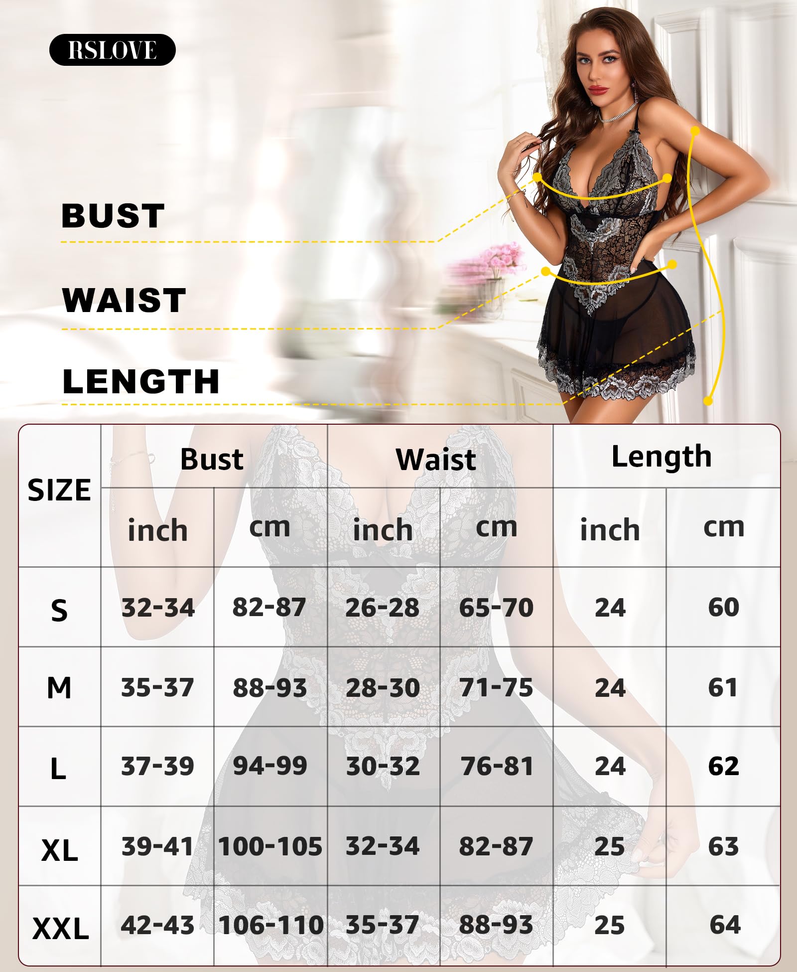 RSLOVE Lingerie per Donna Babydoll in Pizzo Camicia da Notte Sexy in Maglia Chemise con Scollo a V Abito da Notte