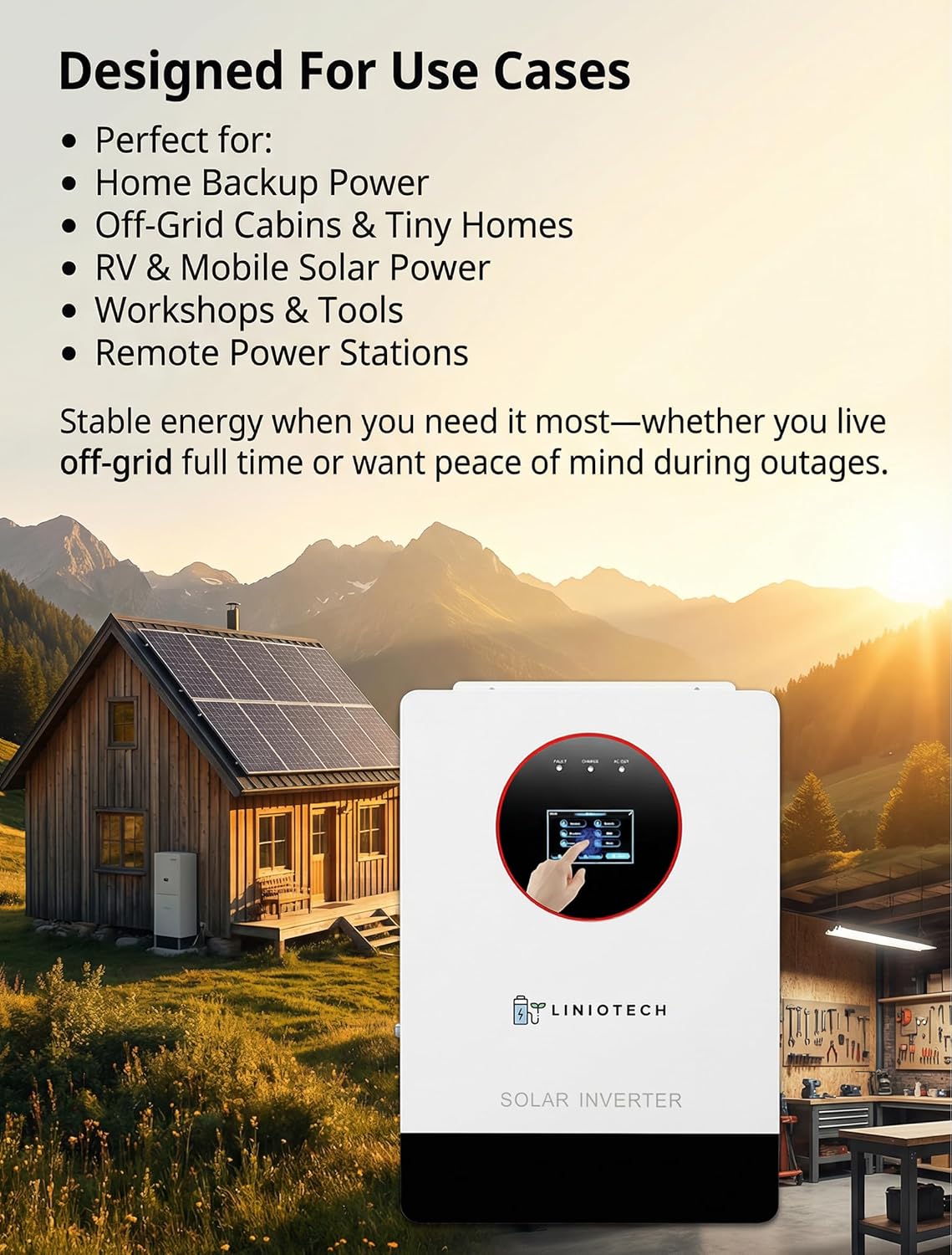 Liniotech 3600W 48V Hybrid Off-Grid Solar Inverter Charger, Pure Sine Wave, 120V AC Output, 4000W MPPT, 300V PV VOC Input, Remote Monitoring, Lithium & Lead-Acid Battery Cabin/Shed/RV/Workshop
