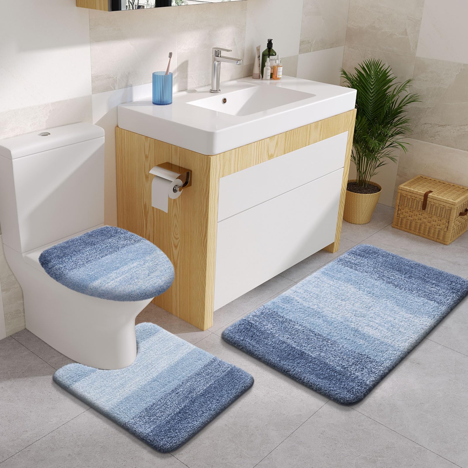 Arotive Mikrofaser-Badezimmerteppich, 3-teilig, mit WC-Deckelbezug, zottelig, weich und saugfähig, rutschfest, maschinenwaschbar, Badematten für Badezimmer (76 x 50 cm + 61 x 50 cm + 44 x 38 cm