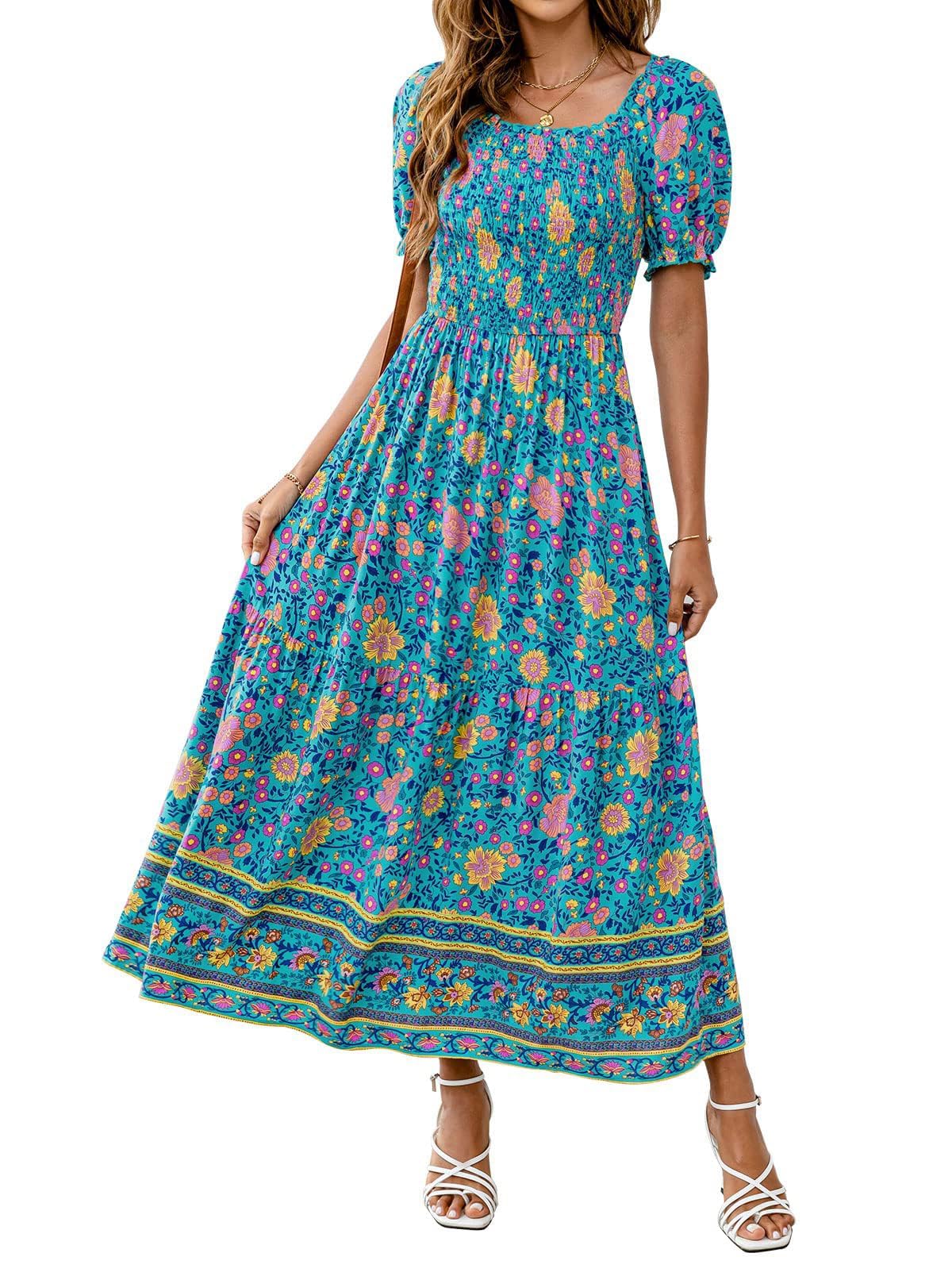 ZESICA Womens 2026 Summer Boho Floral Ruffle Maxi Dress | Square Neck Dress, Swing A Line Dress, Puff Short Sleeve, Ruched Long Dresses, Flowy Pleated Dress, Beach Vacation Dresses