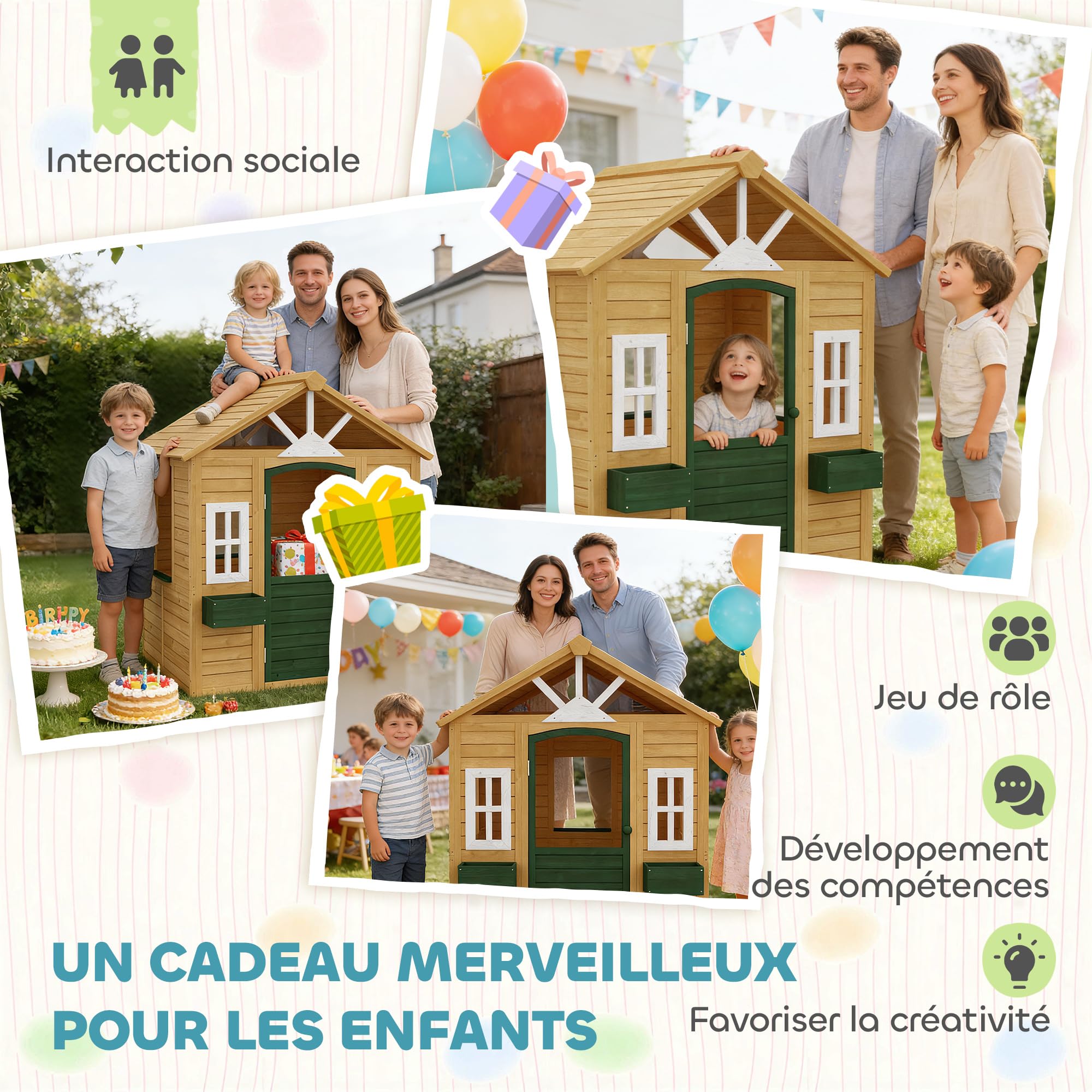AIYAPLAY Cabaña infantil exterior de madera, casa infantil exterior con puerta, ventanas, 2 bandejas de flores, casita de juego para 3-8 años, juego imaginativo, 134,5 x 97 x 150 cm, marrón