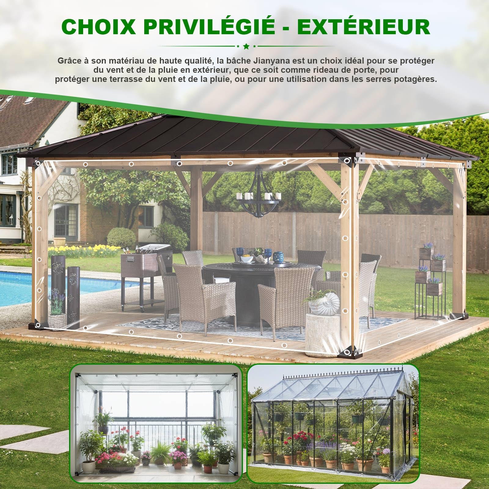 Jianyana Bâche Transparente, 250G/㎡ PVC Baches ImperméAbles pour Exterieur BâChe Transparente avec œIllets Mobilier De Jardin, Voitures, Piscines, BâChe ImperméAble Et IndéChirable / 3x5M