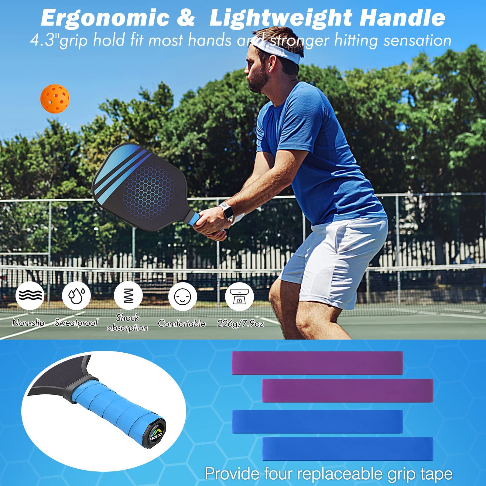 MoKo Pickleball Paddel Set, 2 Paar Leicht Pickleball Schläger aus Fiberglas mit 4 Pickleball Bälle und 1 Pickleball Tasche für Indoor Outdoor Sport Anfänger und Professionelle Spieler, Blau + Lila